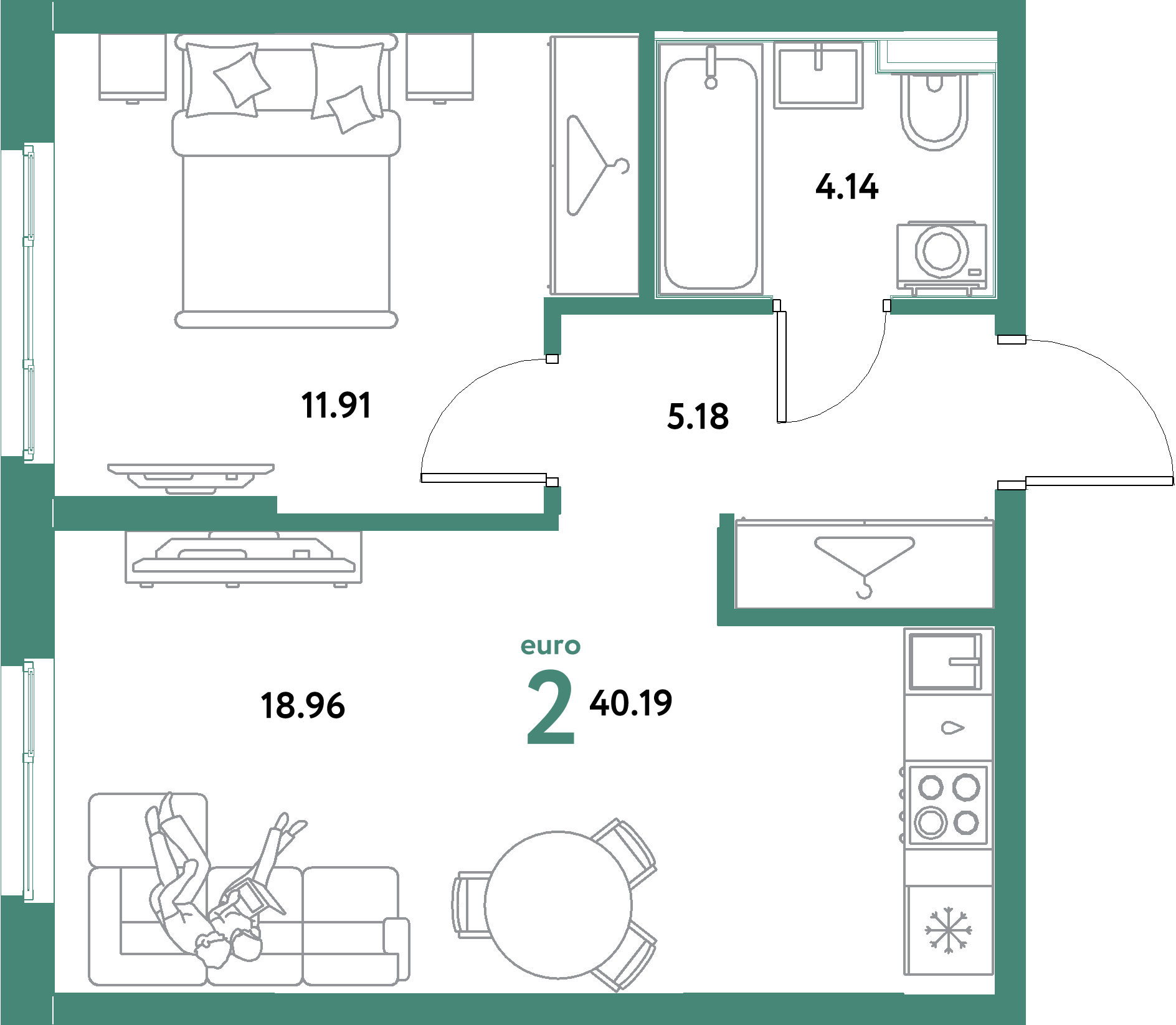 ЖК "Остров-сад"-2-комнатная 40.19 м²