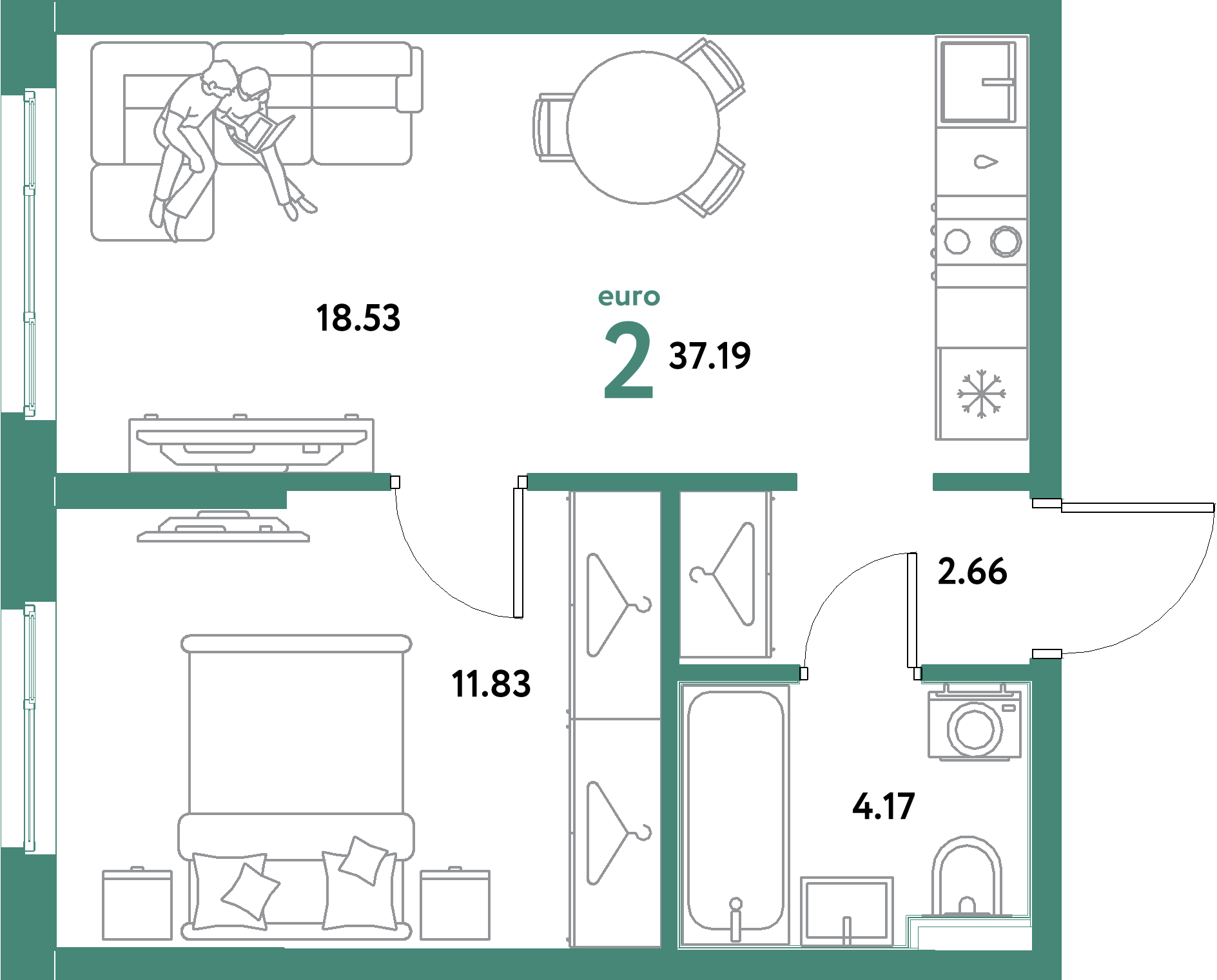 ЖК "Остров-сад"-2-комнатная 37.19 м²