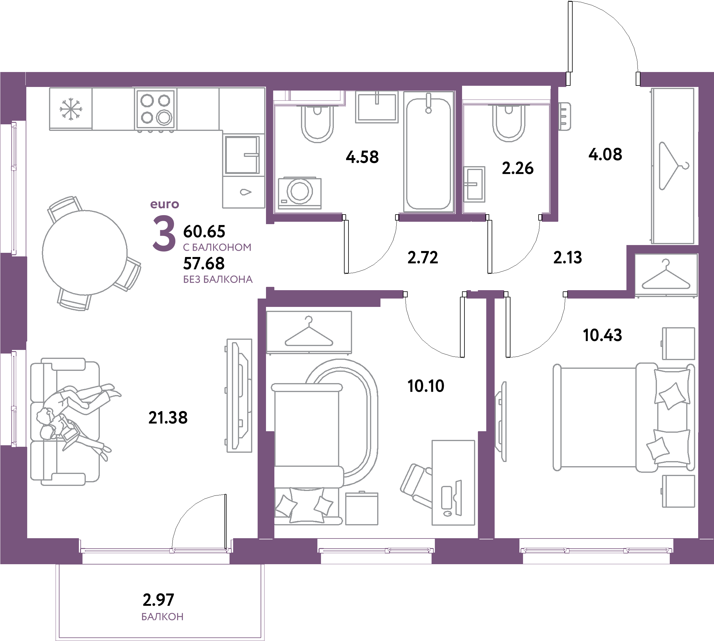 ЖК "Остров-сад"-3-комнатная 60.65 м²