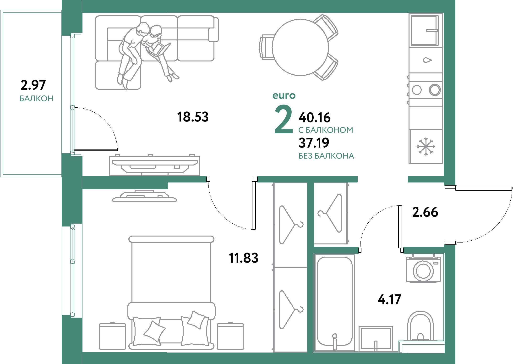 ЖК "Остров-сад"-2-комнатная 40.16 м²