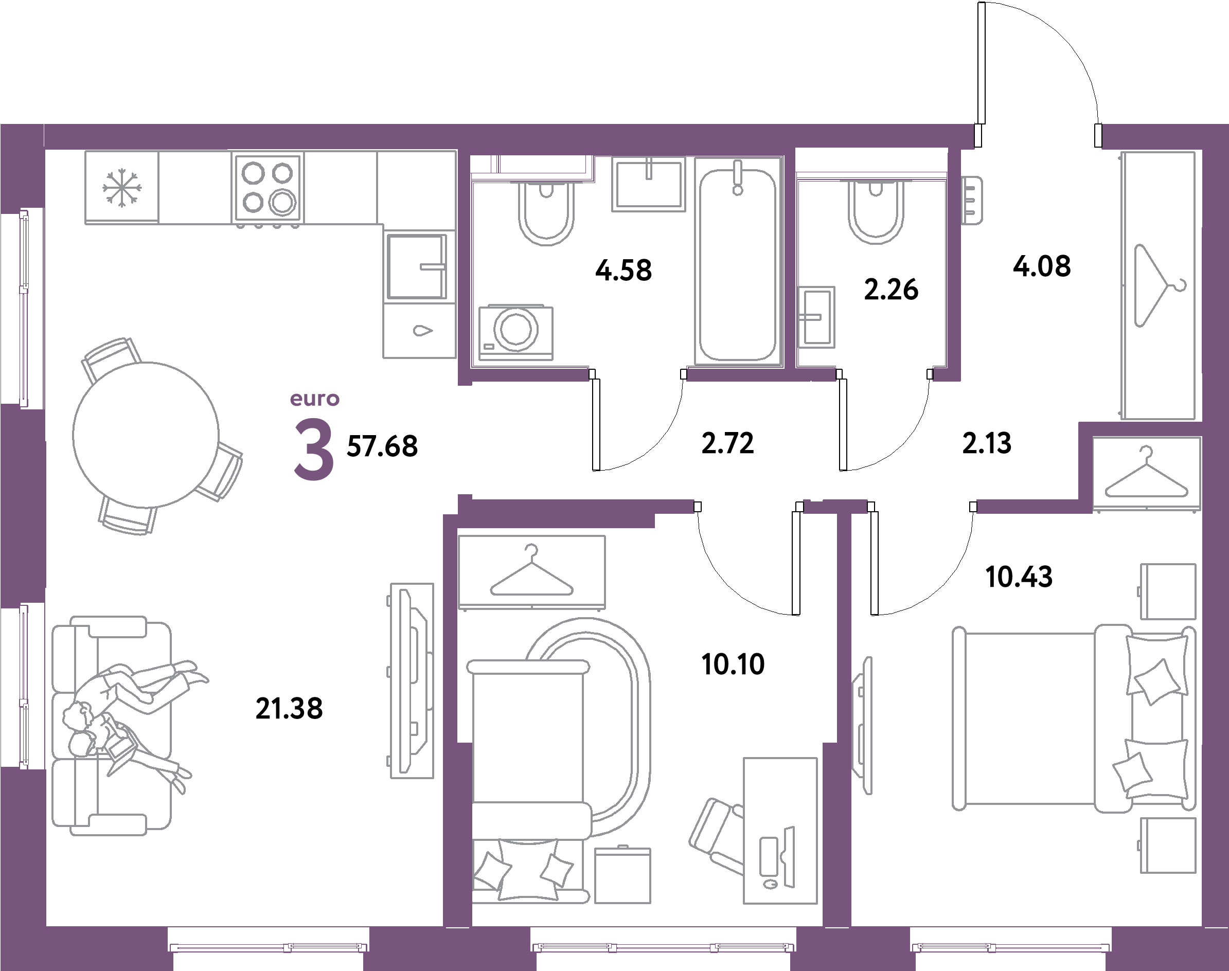 ЖК "Остров-сад"-3-комнатная 57.68 м²