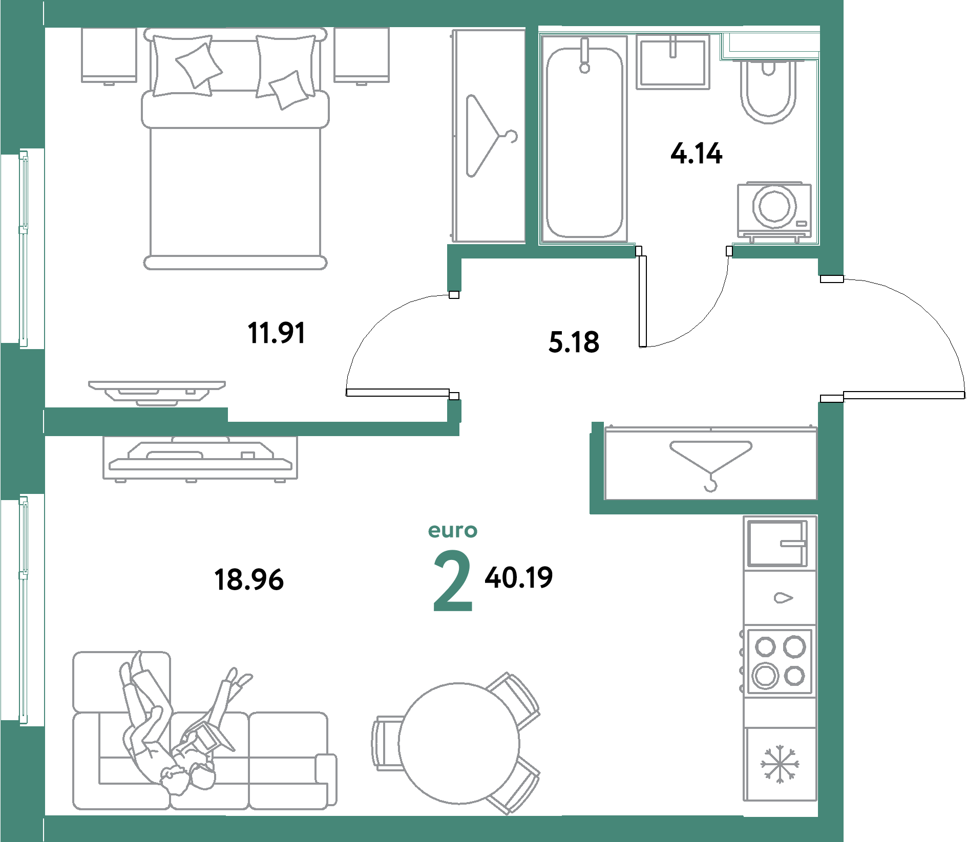ЖК "Остров-сад"-2-комнатная 40.19 м²