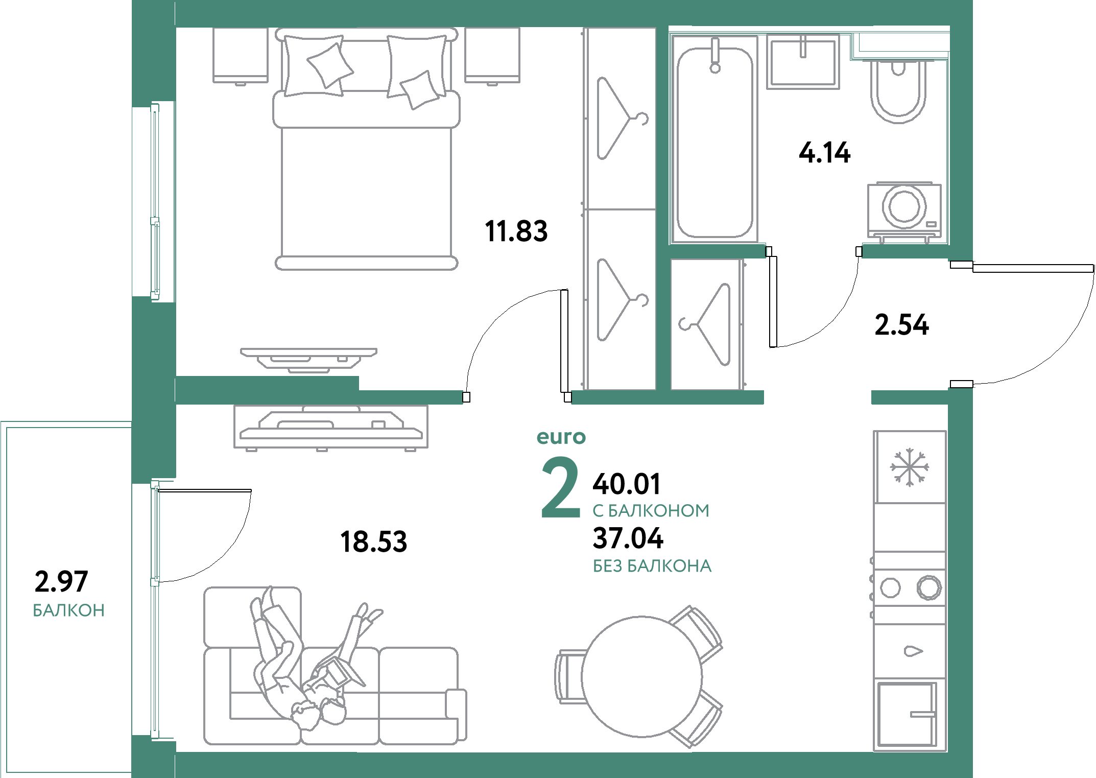 ЖК "Остров-сад"-2-комнатная 40.01 м²