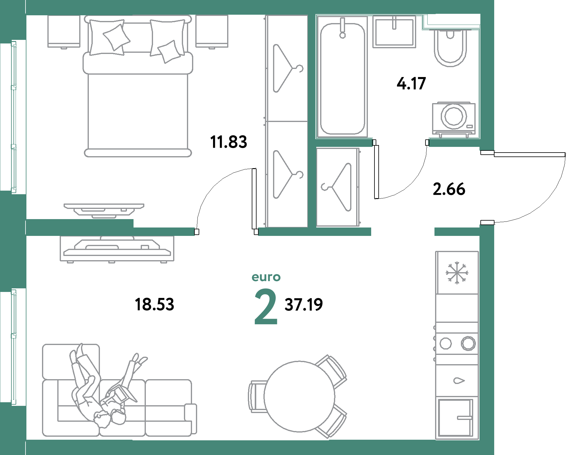 ЖК "Остров-сад"-2-комнатная 37.19 м²