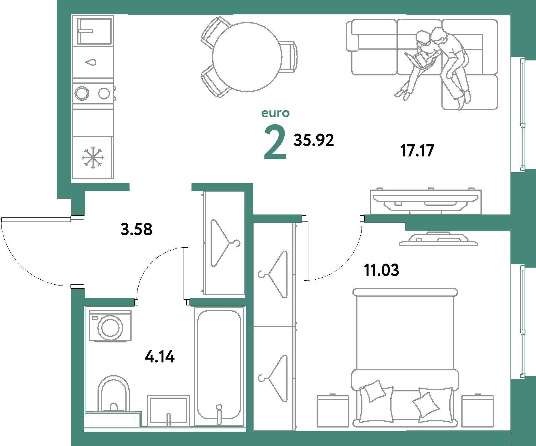 ЖК "Остров-сад"-2-комнатная 35.92 м²