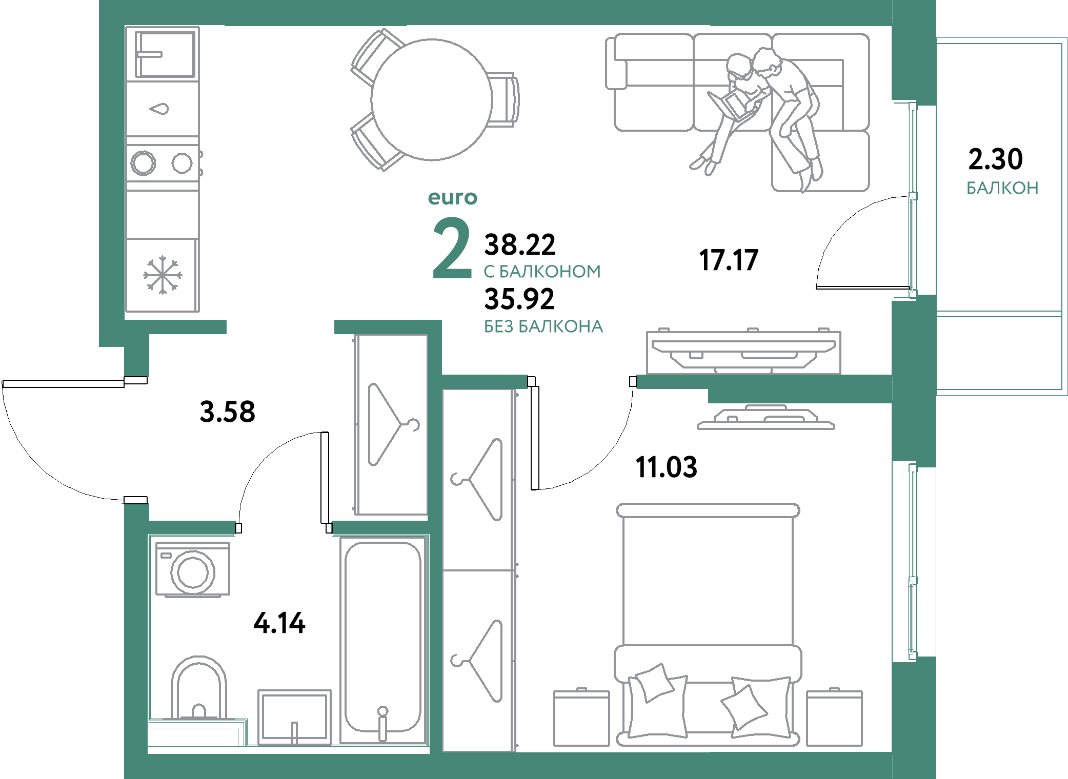 ЖК "Остров-сад"-2-комнатная 38.22 м²