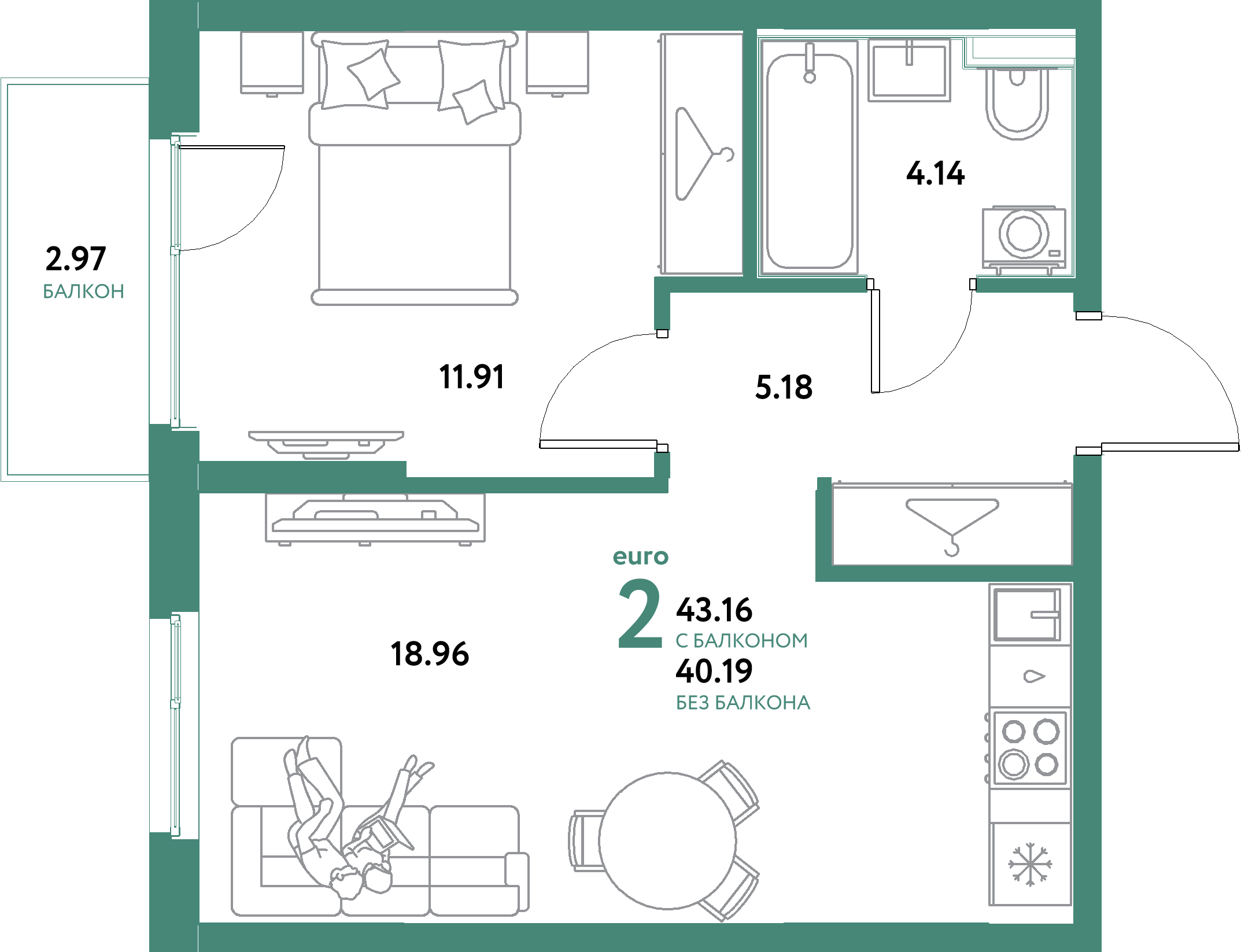 ЖК "Остров-сад"-2-комнатная 43.16 м²