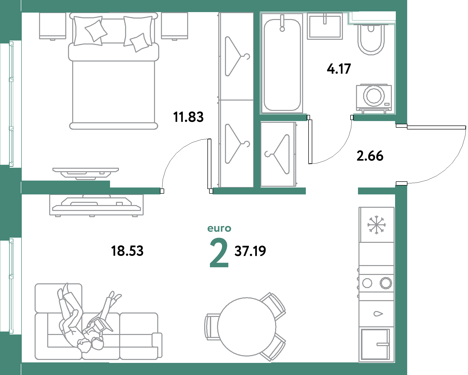 ЖК "Остров-сад"-2-комнатная 37.19 м²
