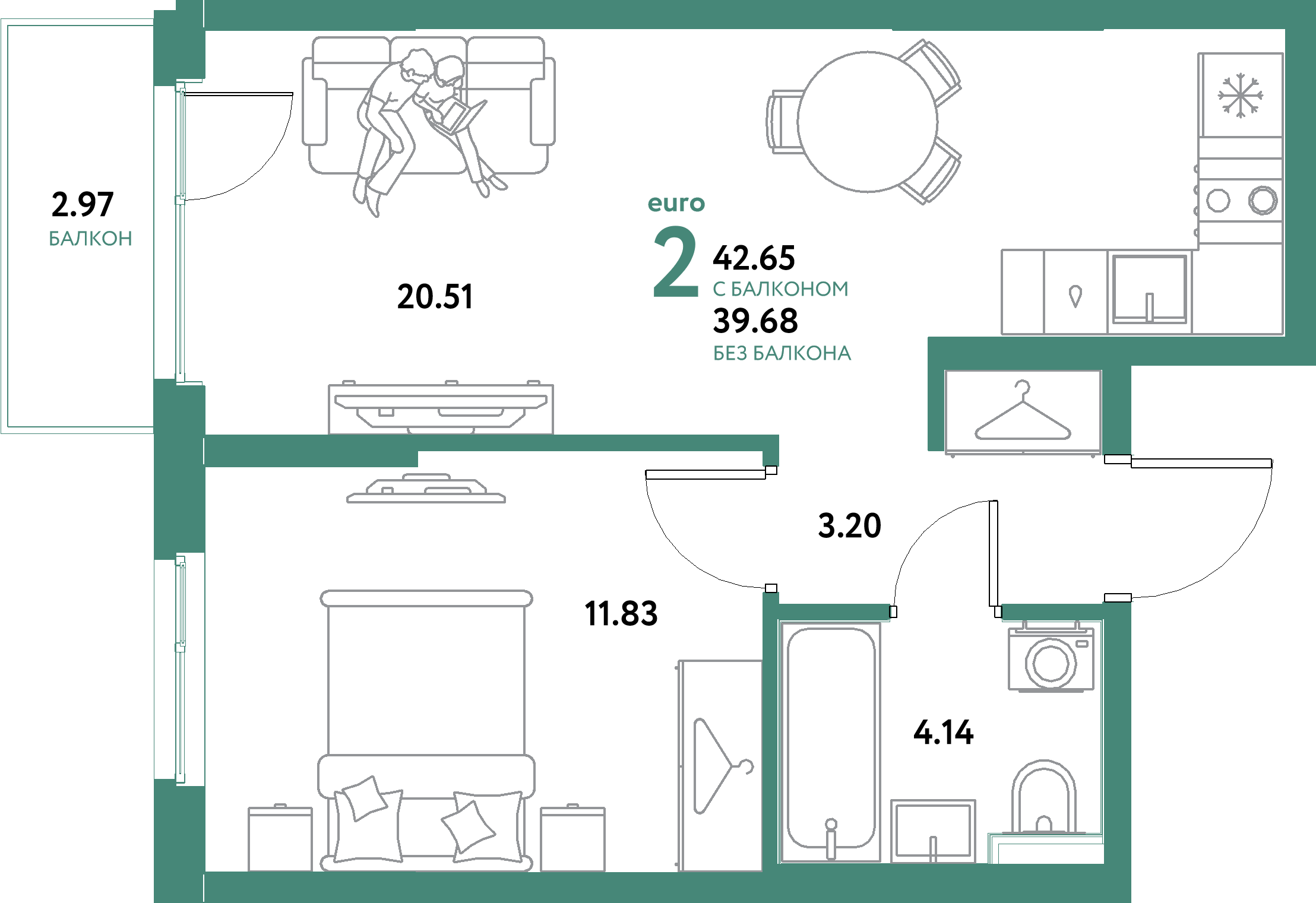 ЖК "Остров-сад"-2-комнатная 42.65 м²