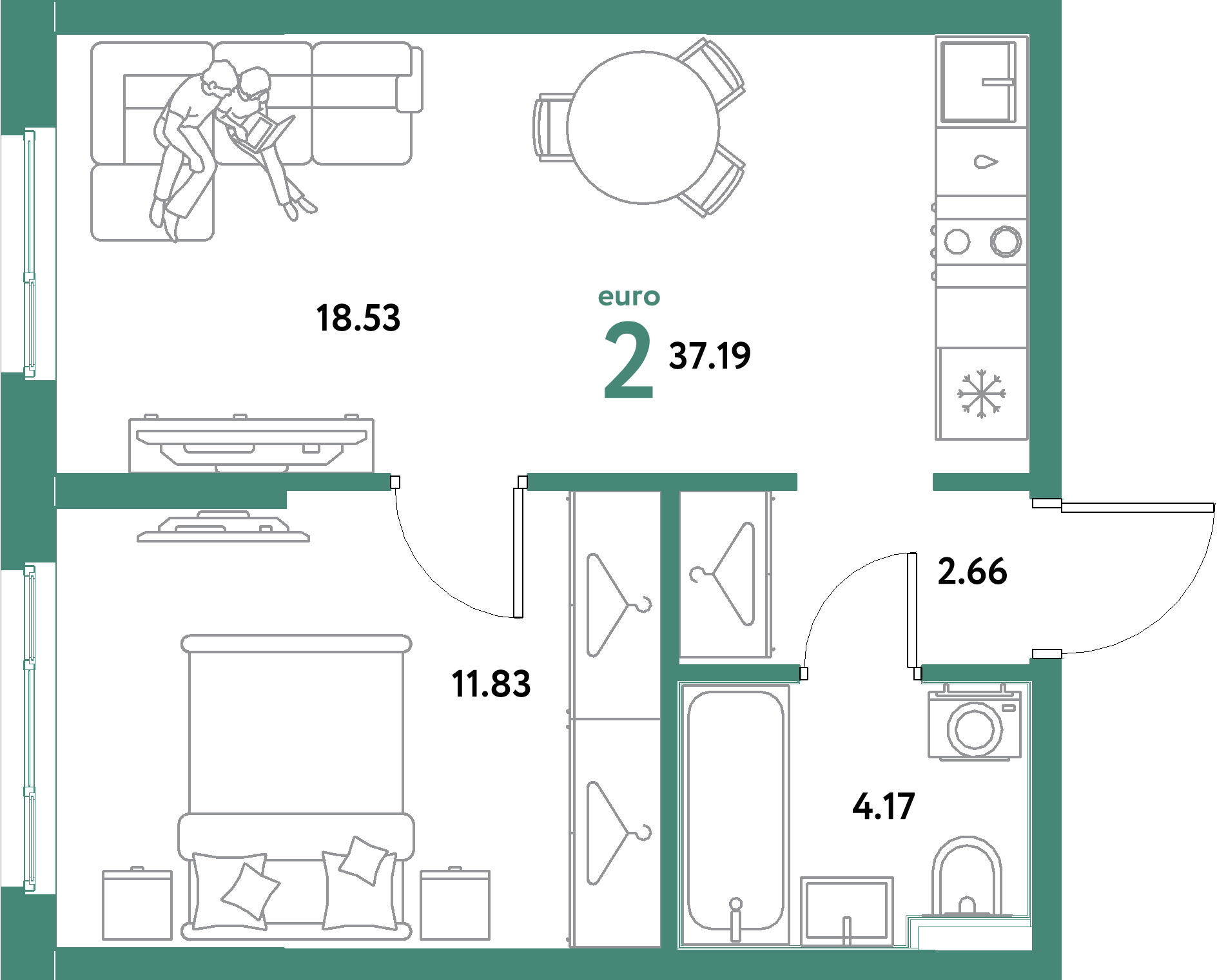 ЖК "Остров-сад"-2-комнатная 37.19 м²