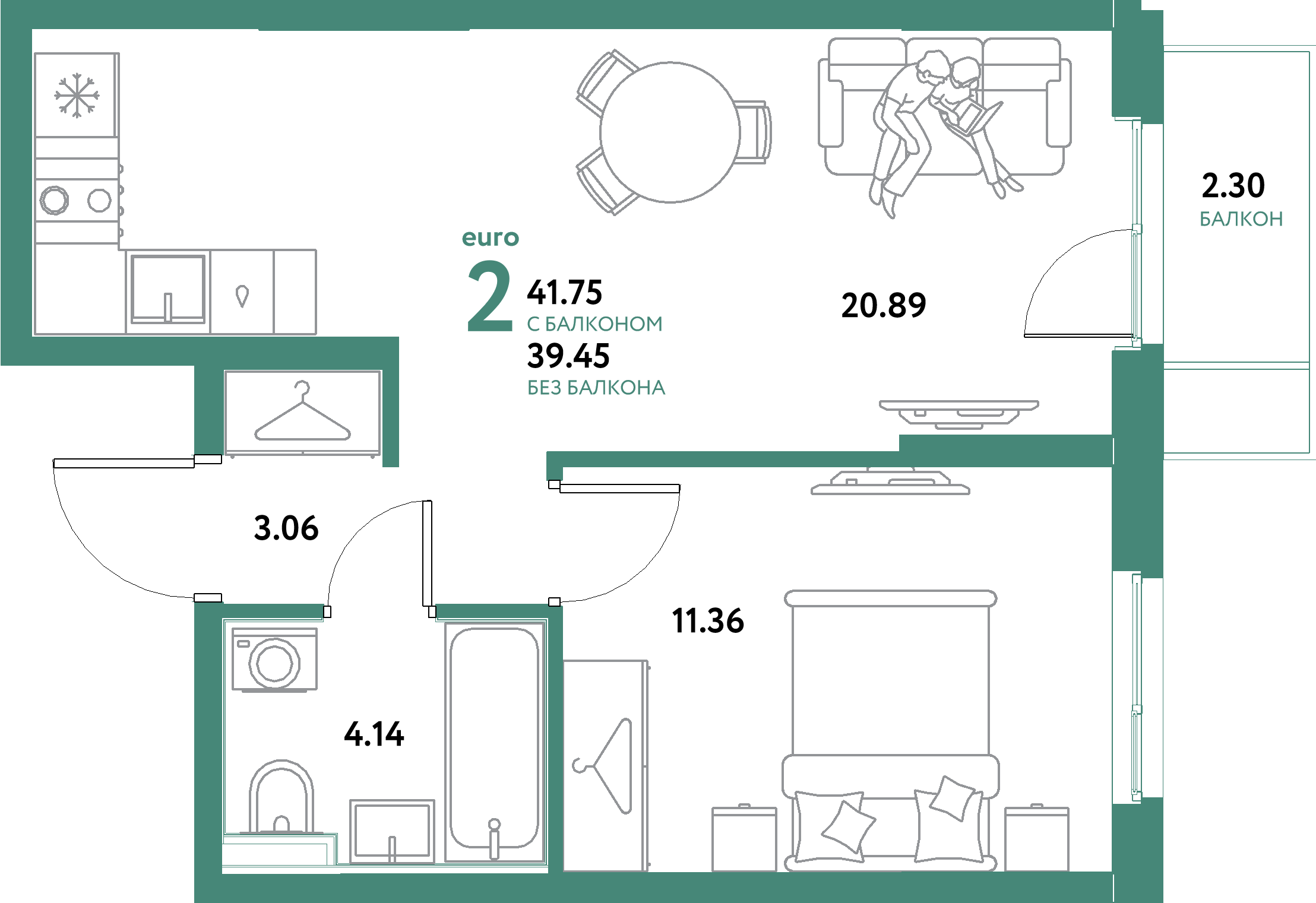 ЖК "Остров-сад"-2-комнатная 41.75 м²