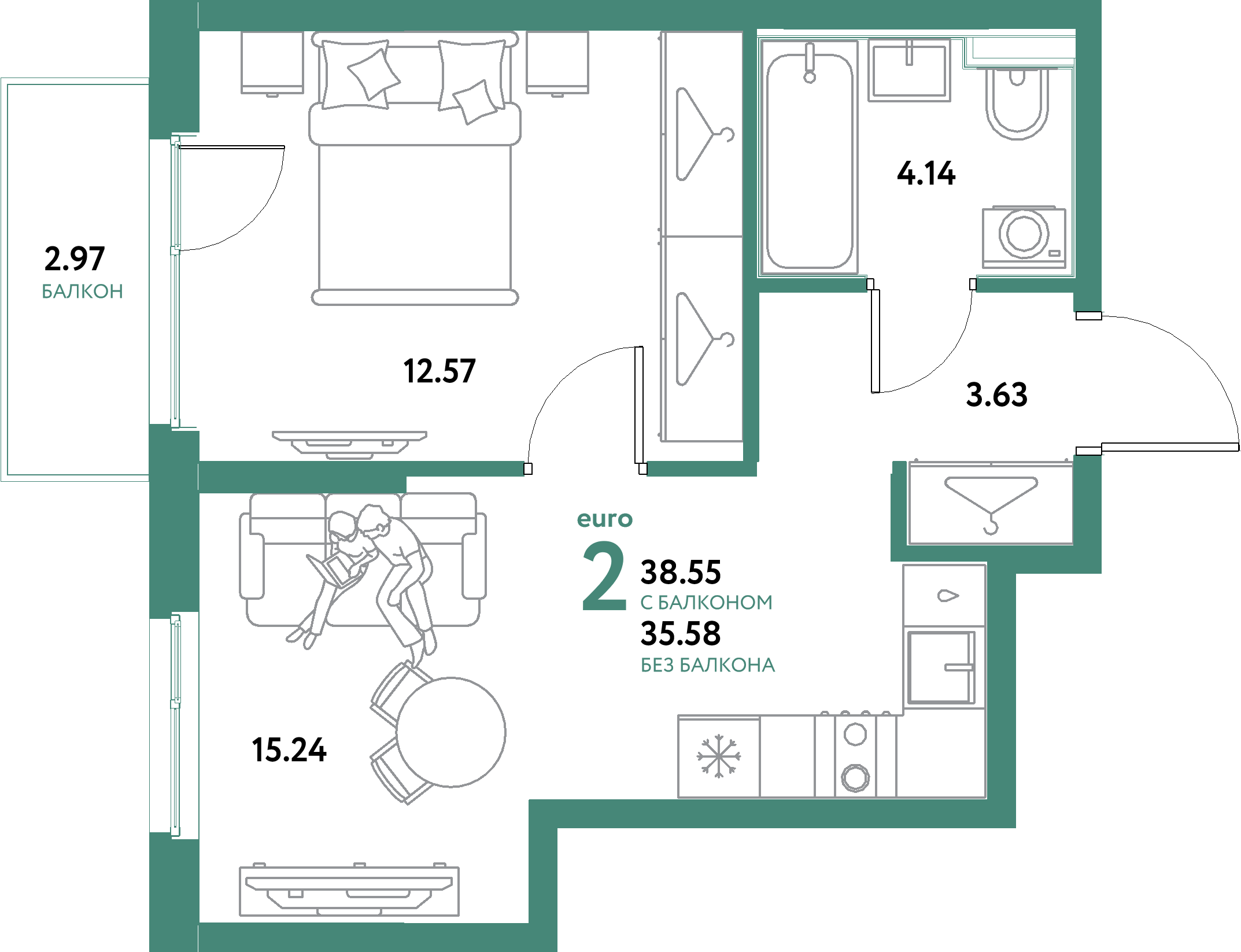 ЖК "Остров-сад"-2-комнатная 38.55 м²