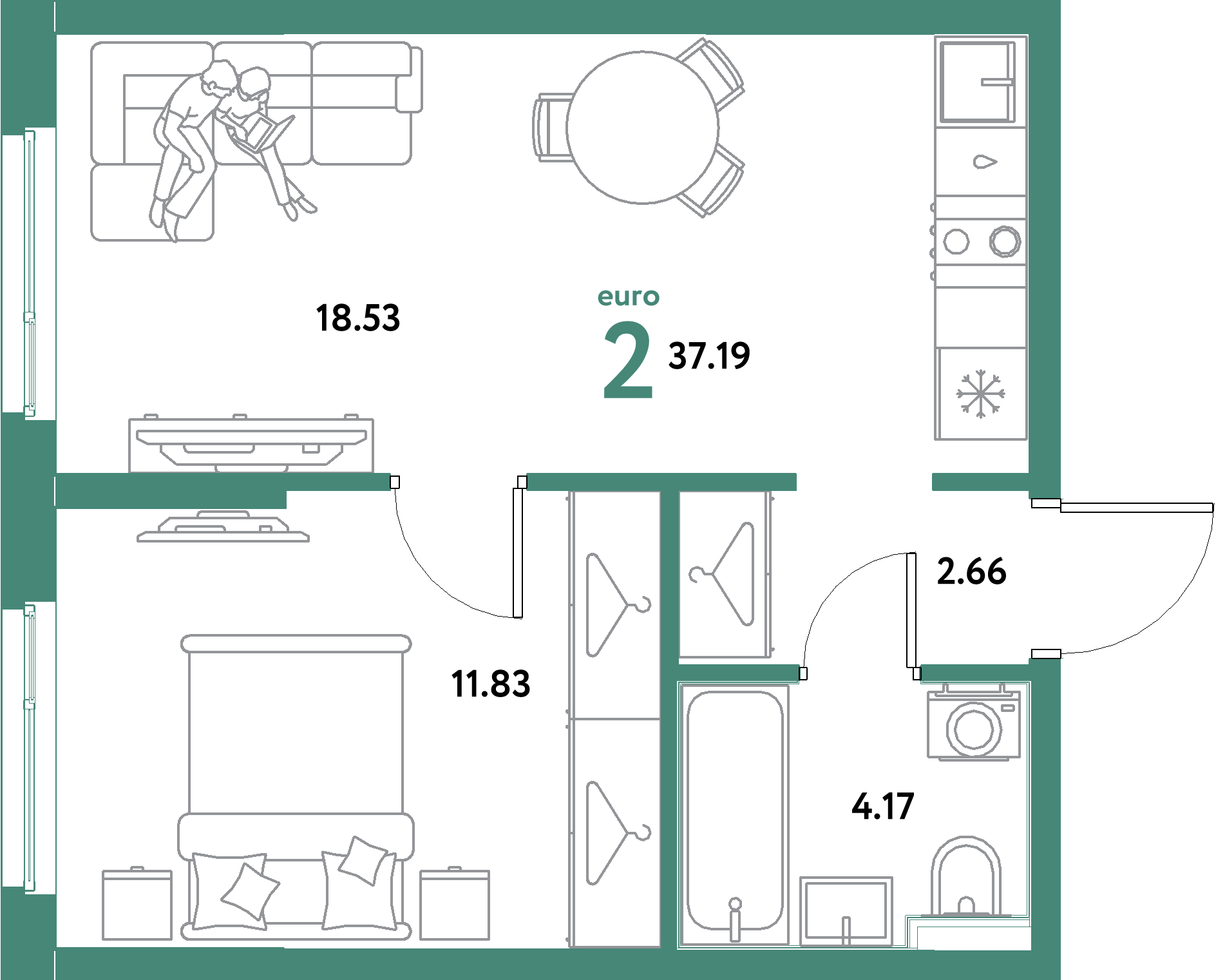 ЖК "Остров-сад"-2-комнатная 37.19 м²