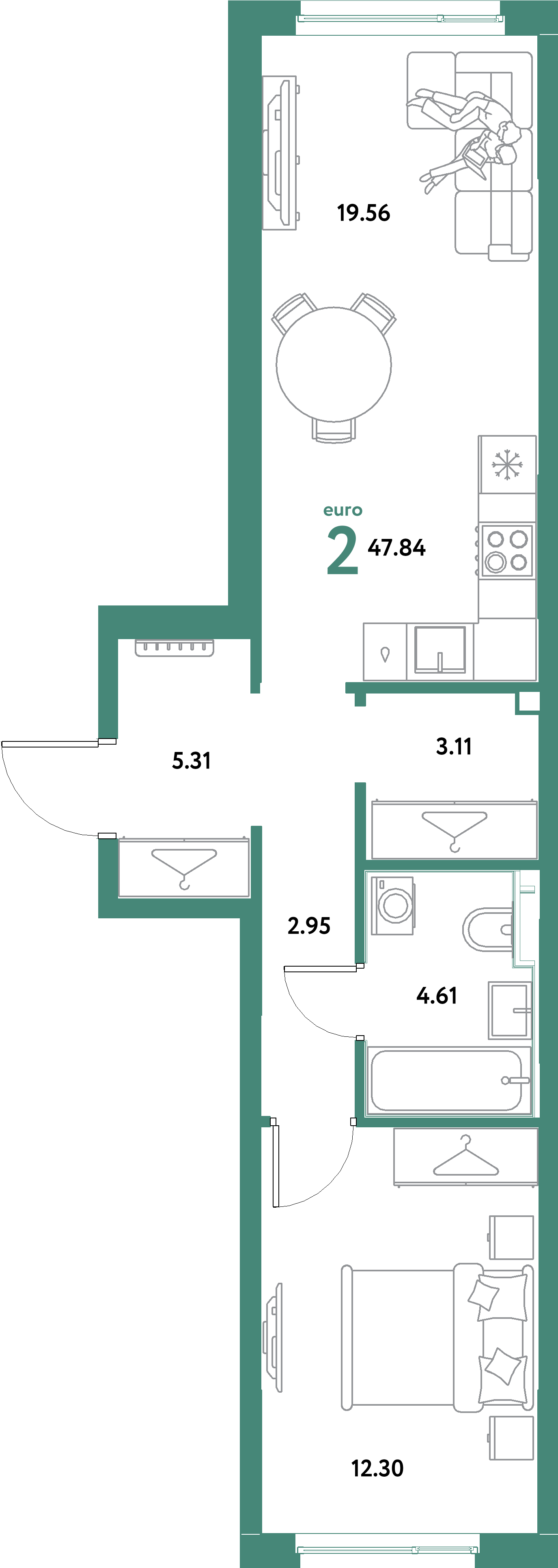 ЖК "Остров-сад"-2-комнатная 47.84 м²