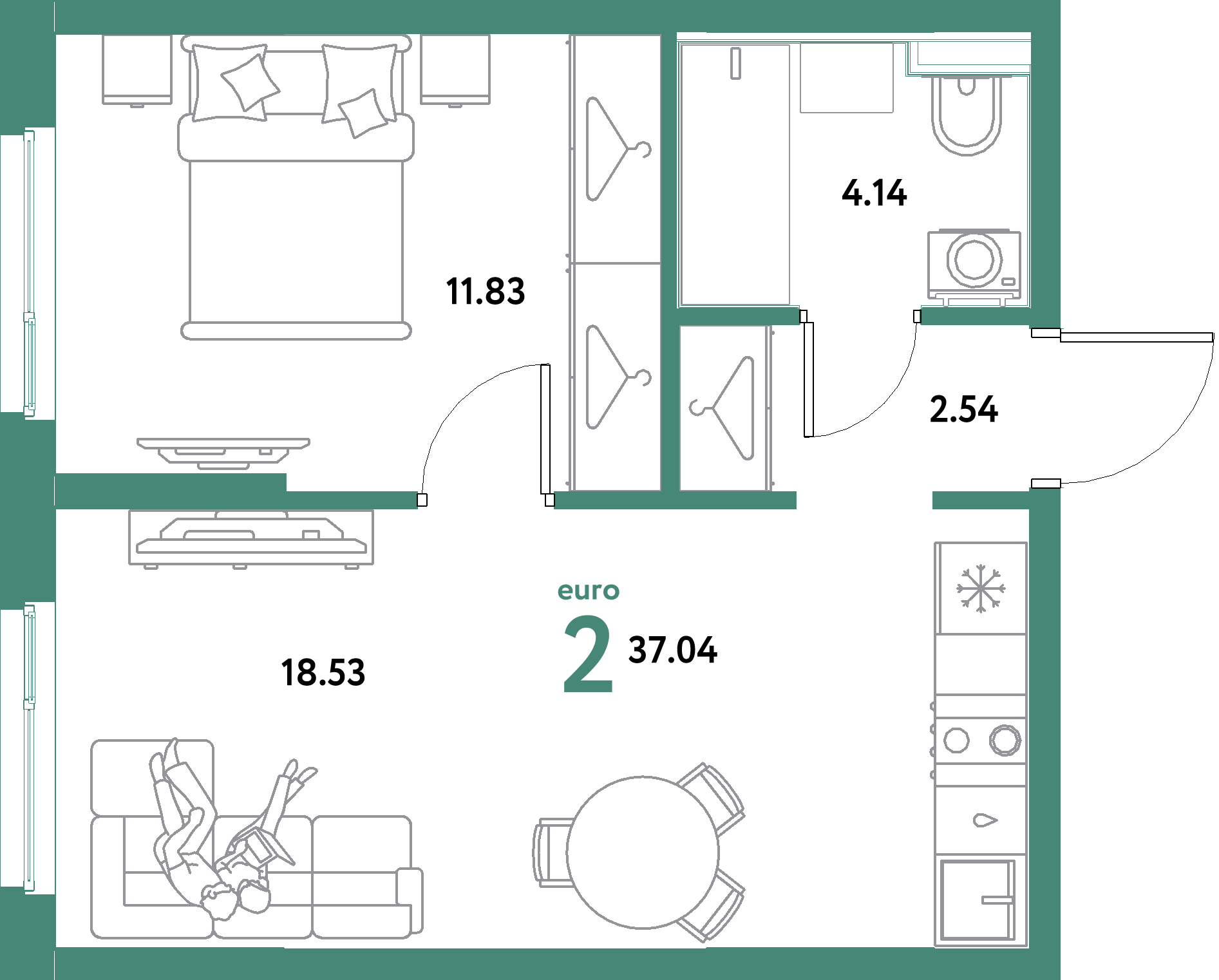 ЖК "Остров-сад"-2-комнатная 37.04 м²