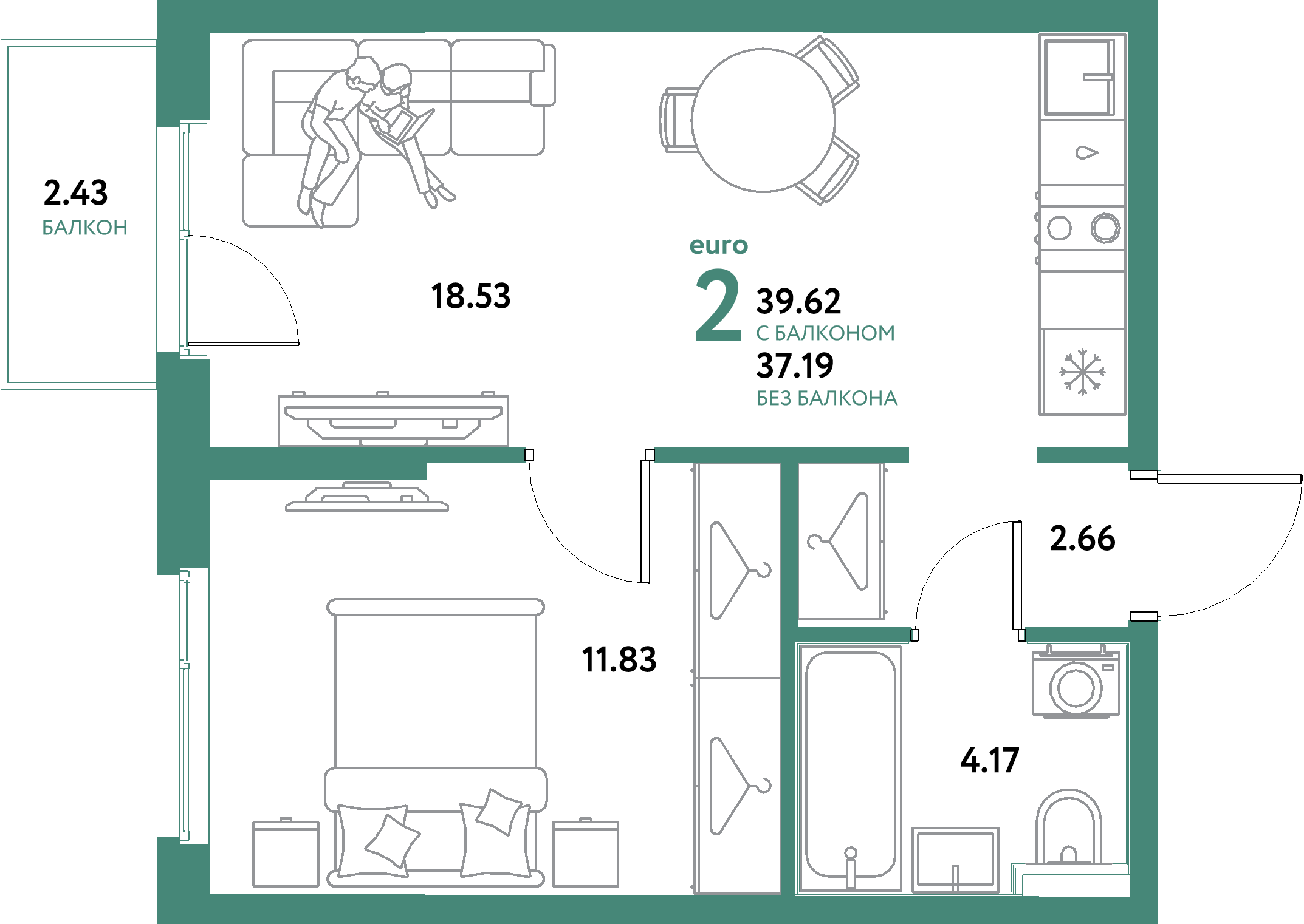 ЖК "Остров-сад"-2-комнатная 39.62 м²