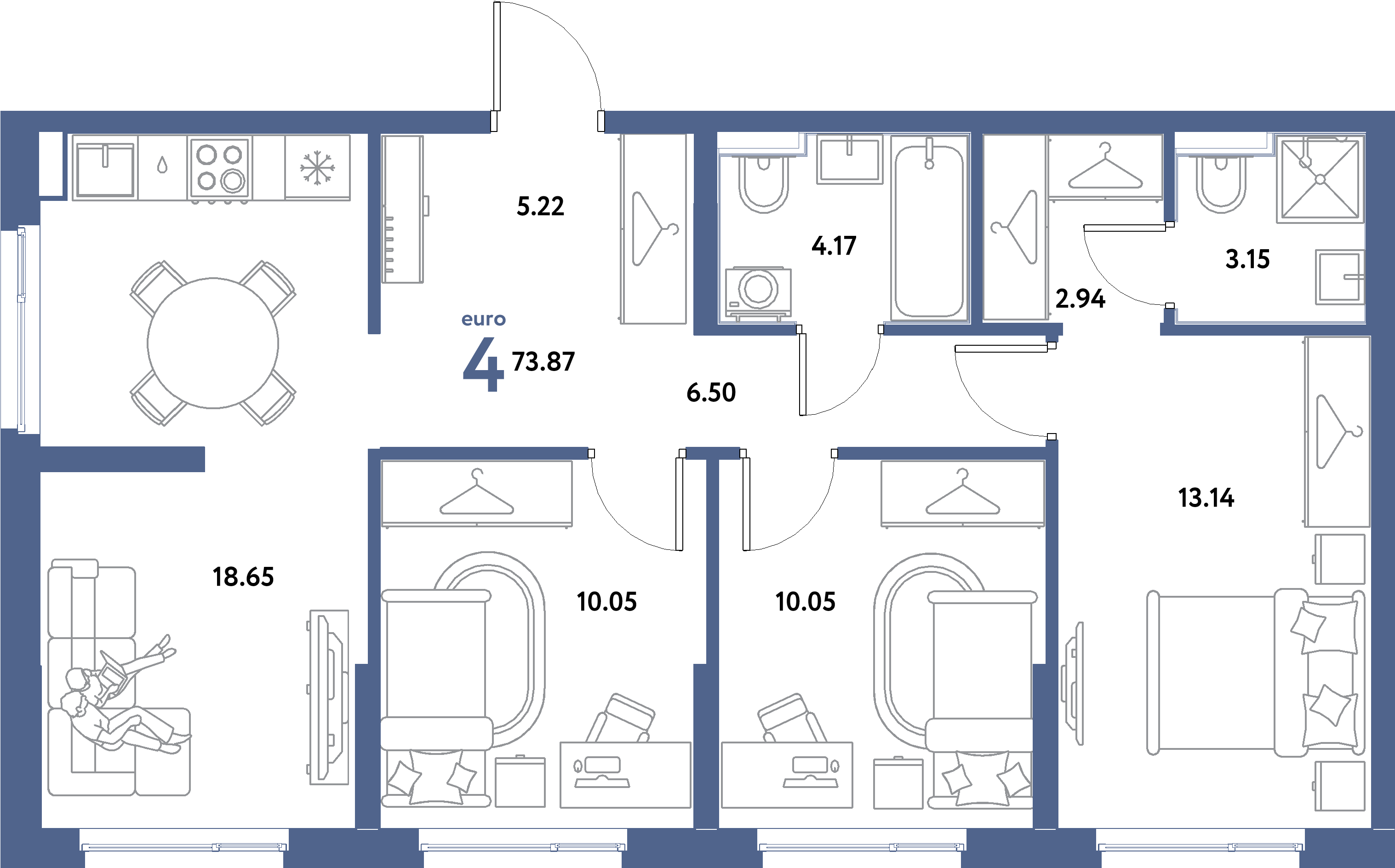 ЖК "Остров-сад"-4-комнатная 73.87 м²
