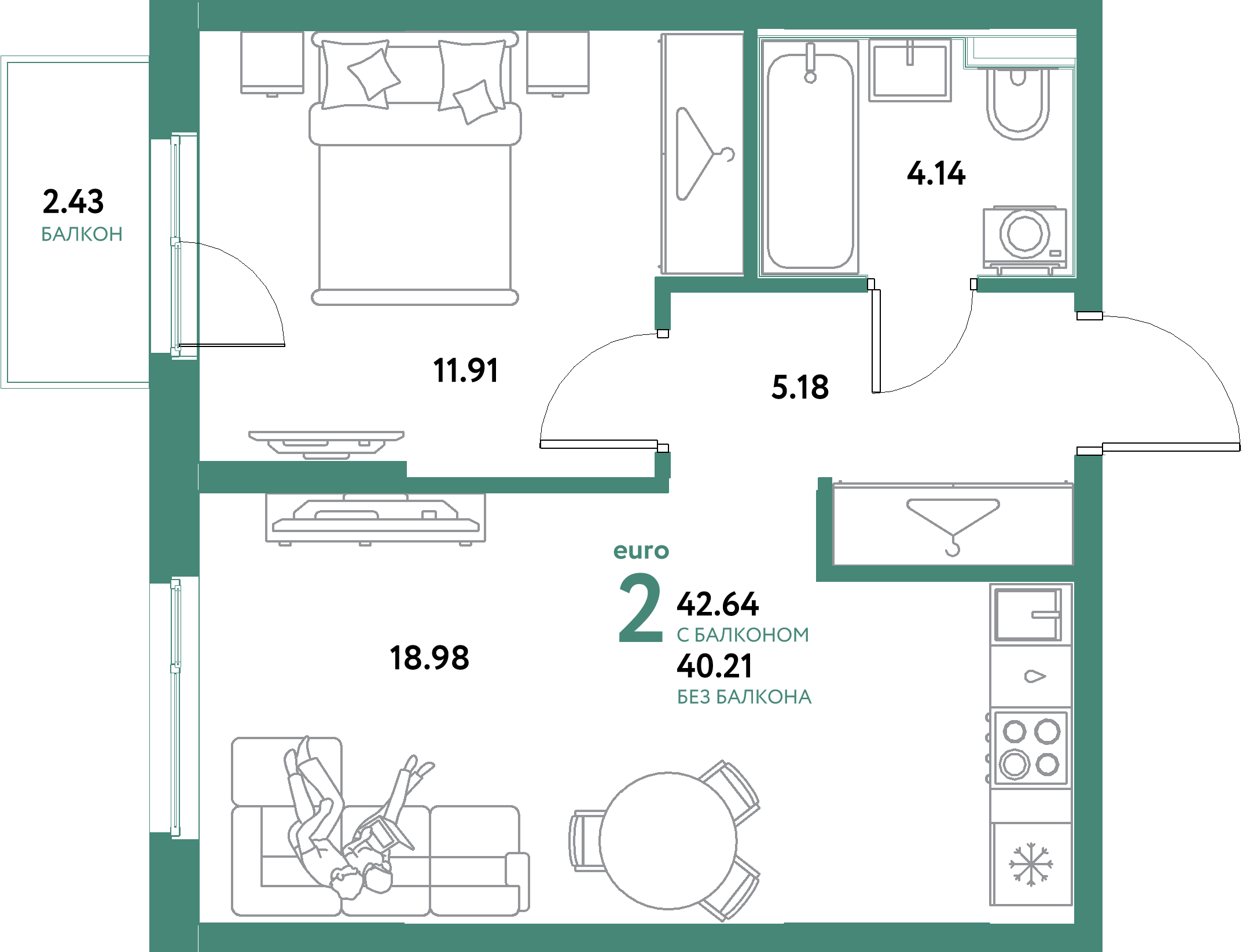 ЖК "Остров-сад"-2-комнатная 42.64 м²