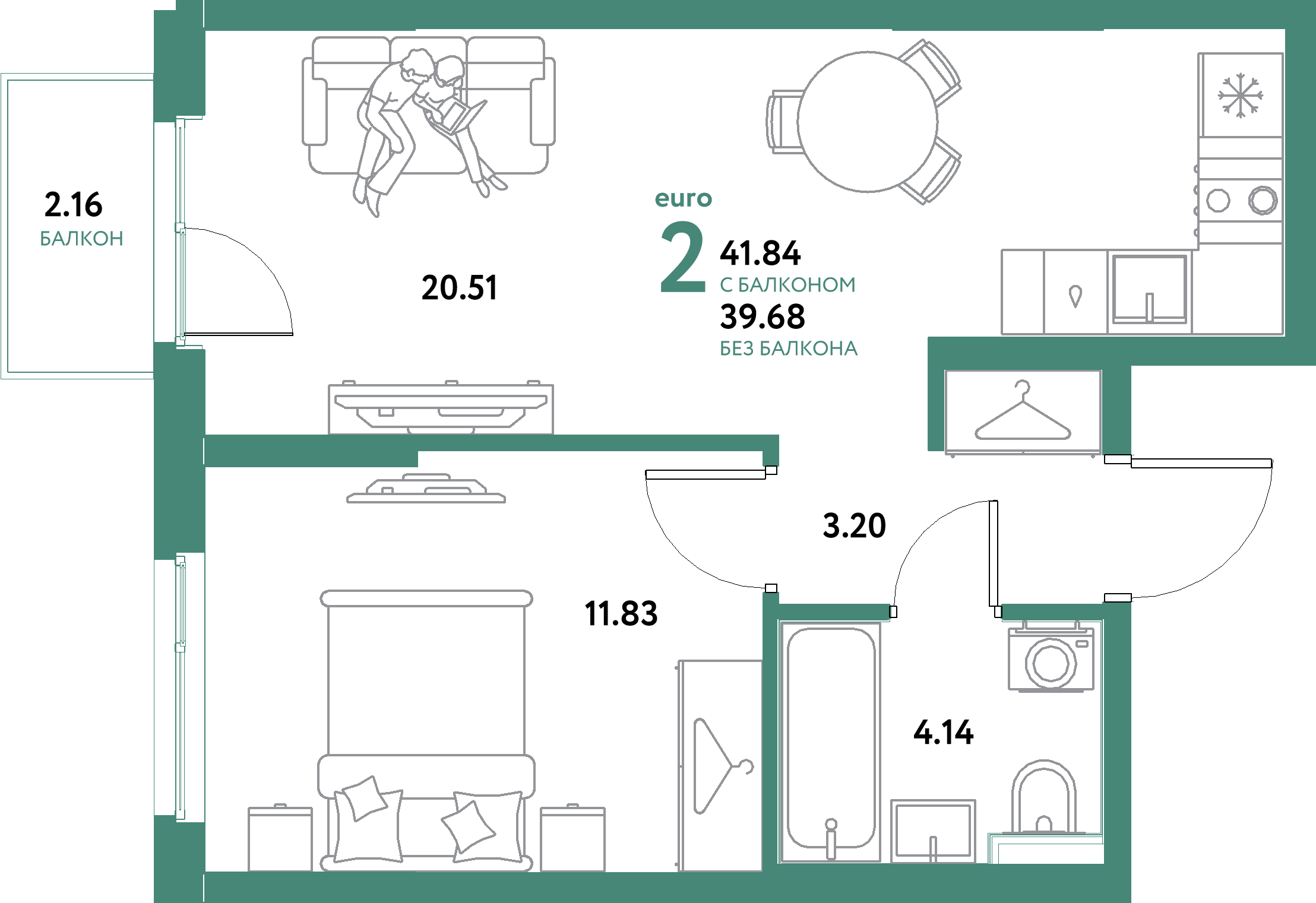 ЖК "Остров-сад"-2-комнатная 41.84 м²