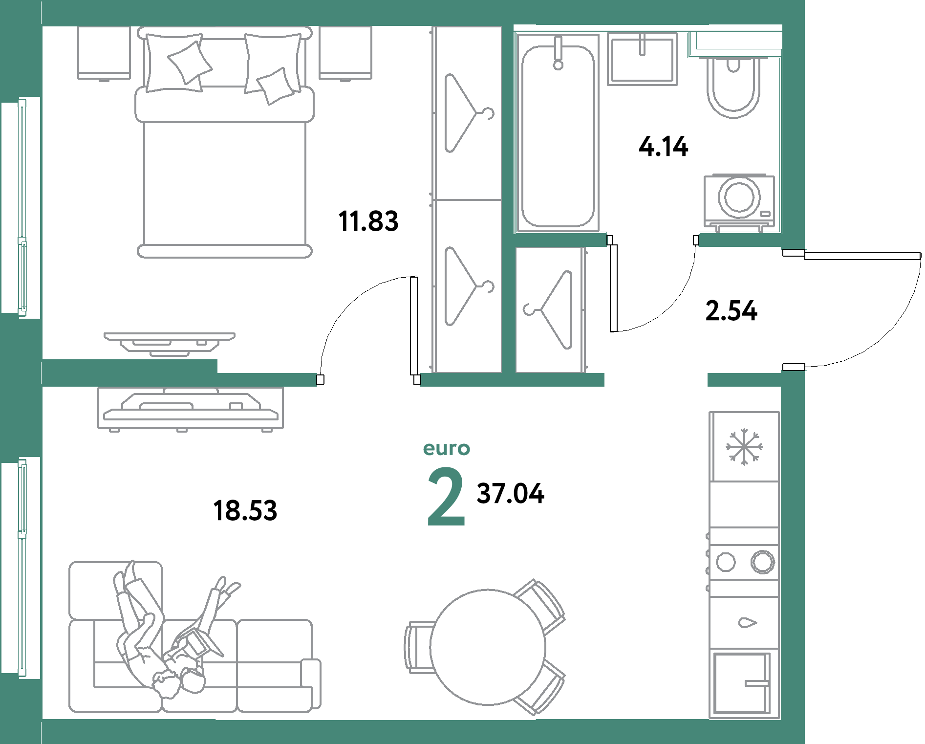 ЖК "Остров-сад"-2-комнатная 37.04 м²