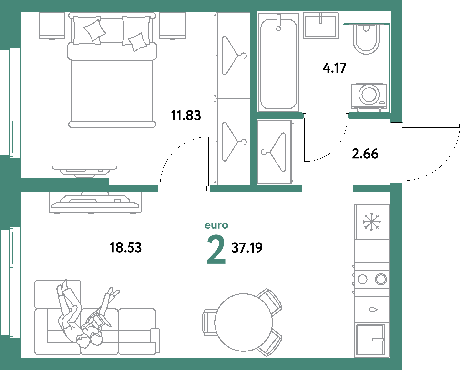 ЖК "Остров-сад"-2-комнатная 37.19 м²