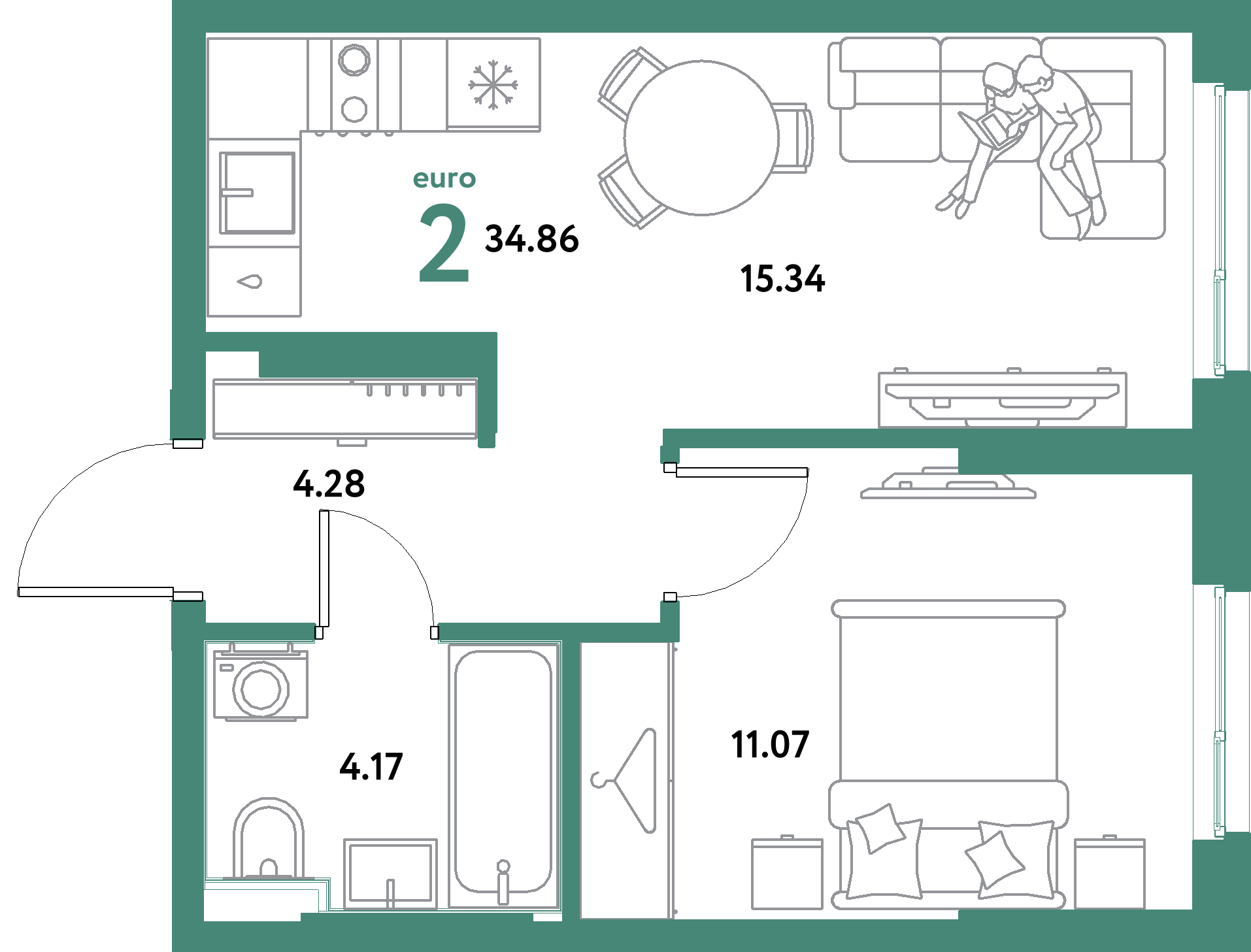 ЖК "Остров-сад"-2-комнатная 34.86 м²