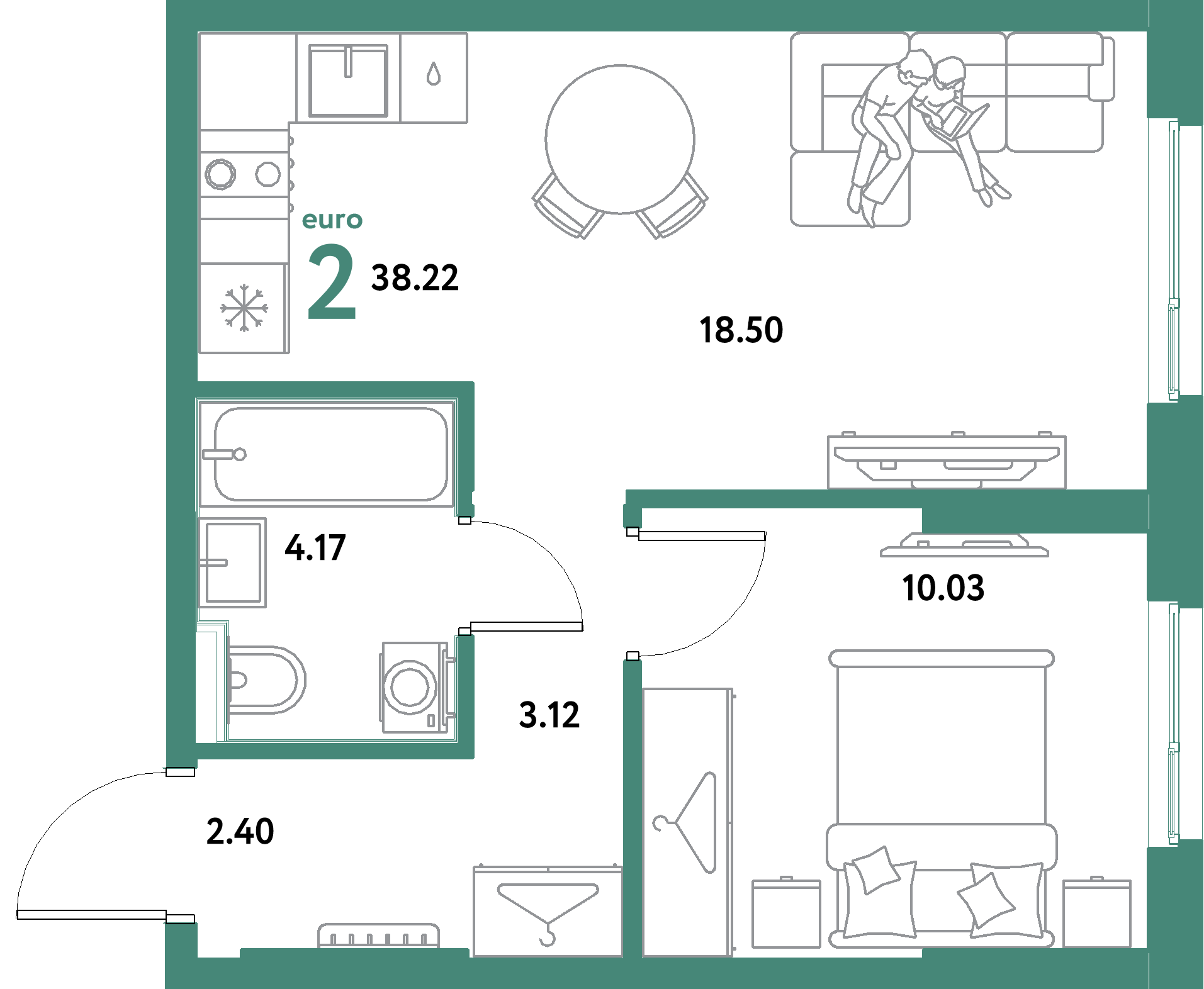 ЖК "Остров-сад"-2-комнатная 38.22 м²