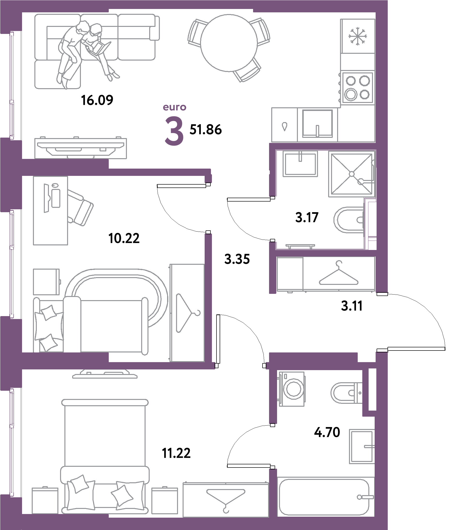 ЖК "Остров-сад"-3-комнатная 51.86 м²
