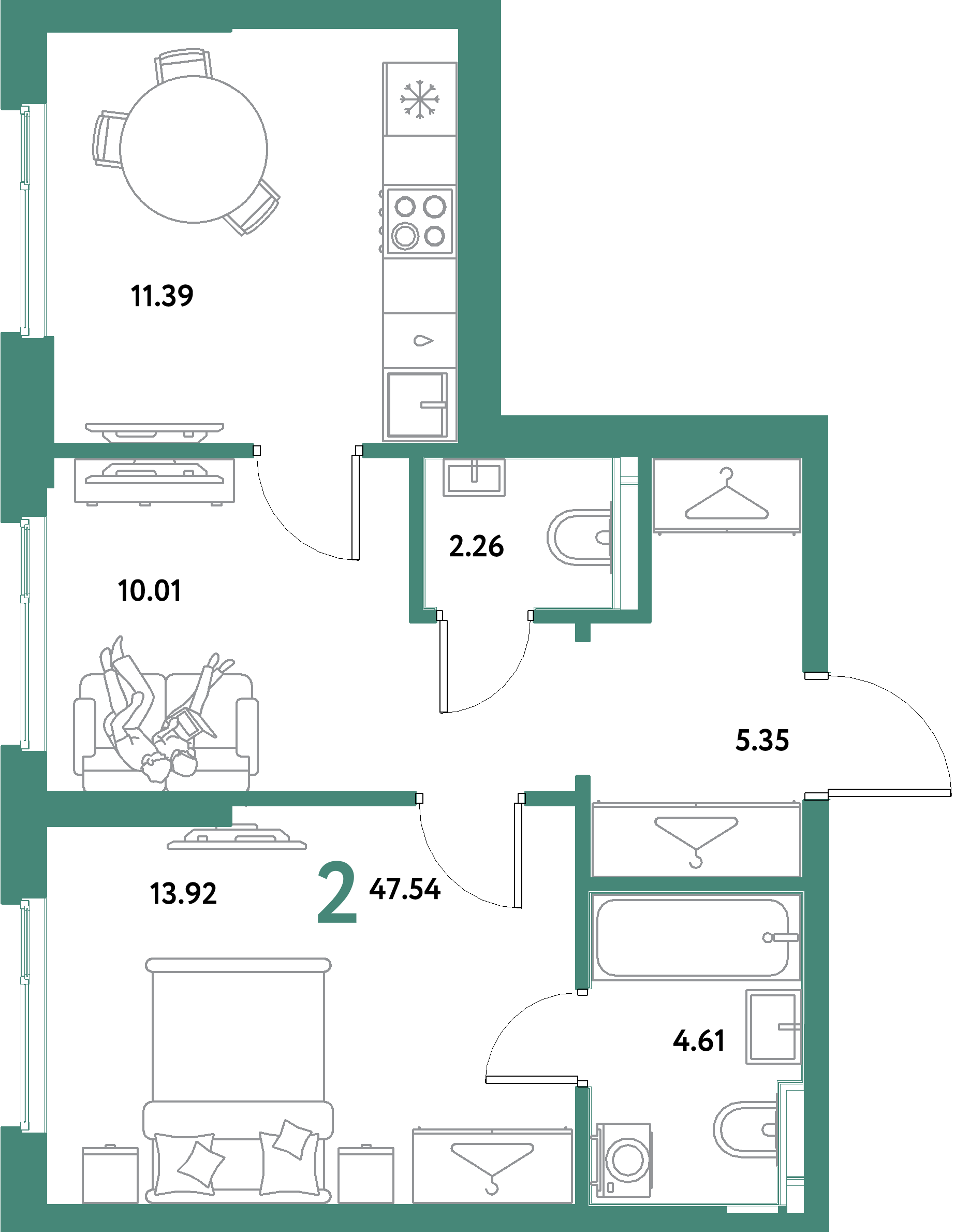 ЖК "Остров-сад"-2-комнатная 47.54 м²