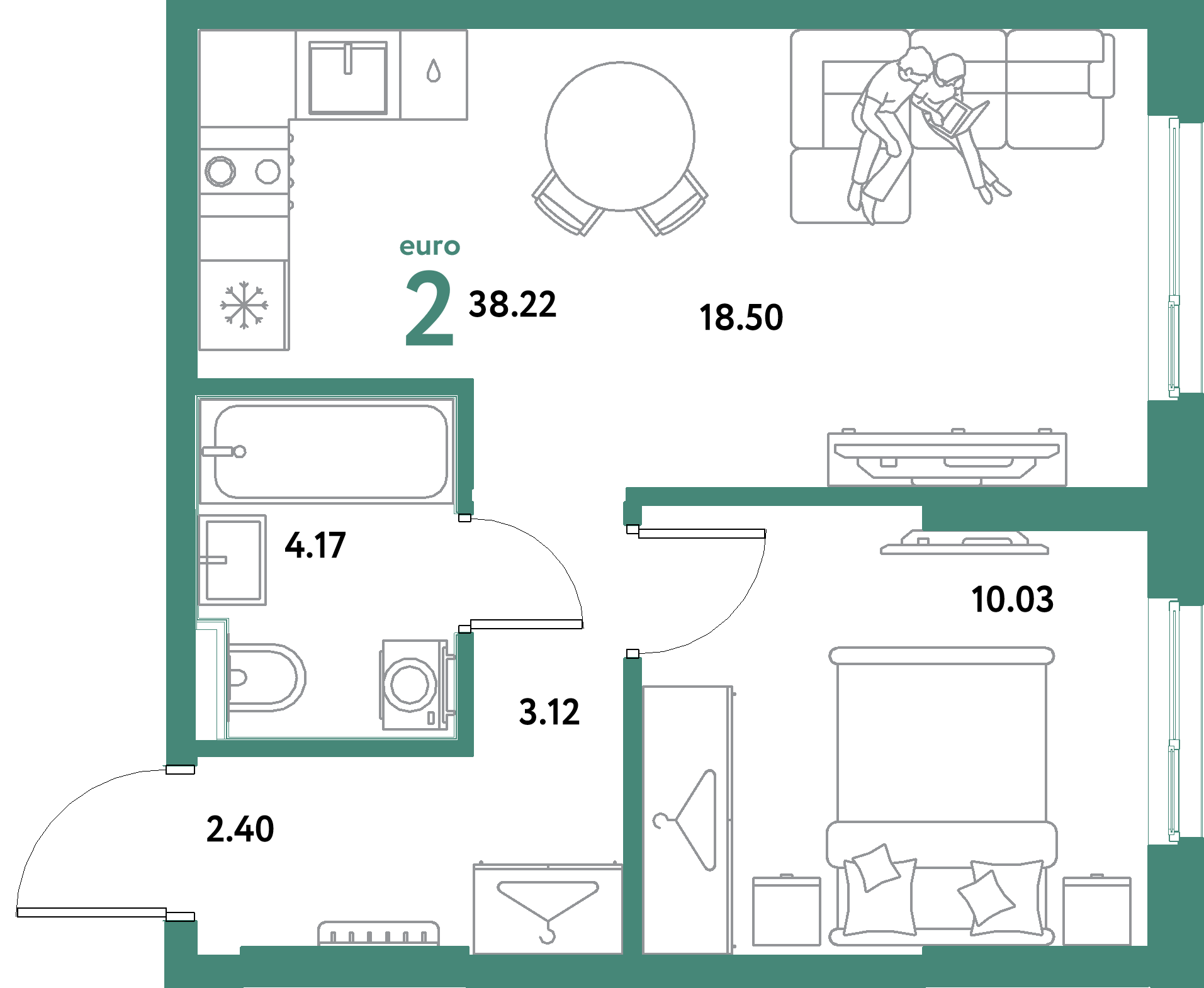 ЖК "Остров-сад"-2-комнатная 38.22 м²