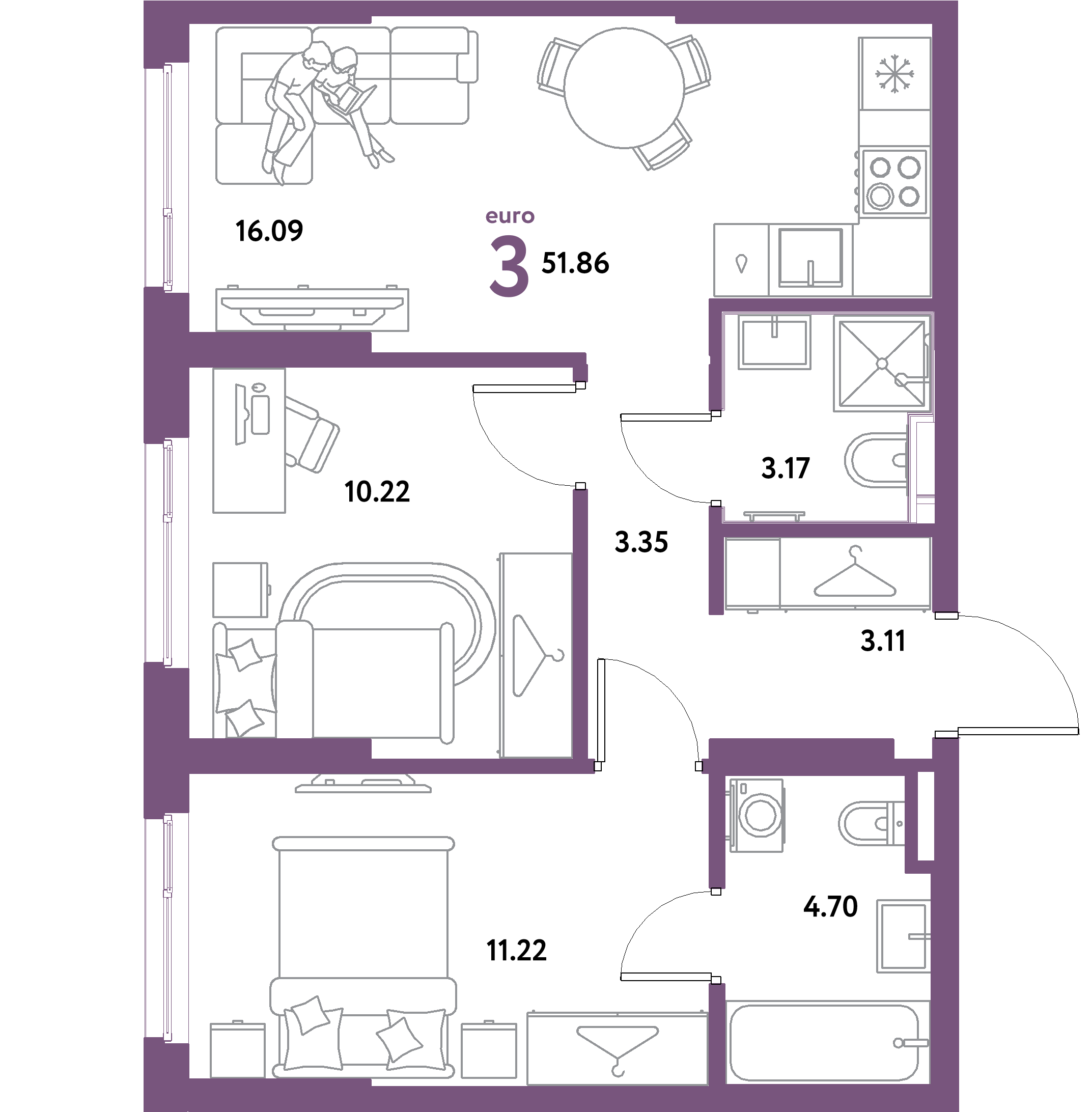 ЖК "Остров-сад"-3-комнатная 51.86 м²