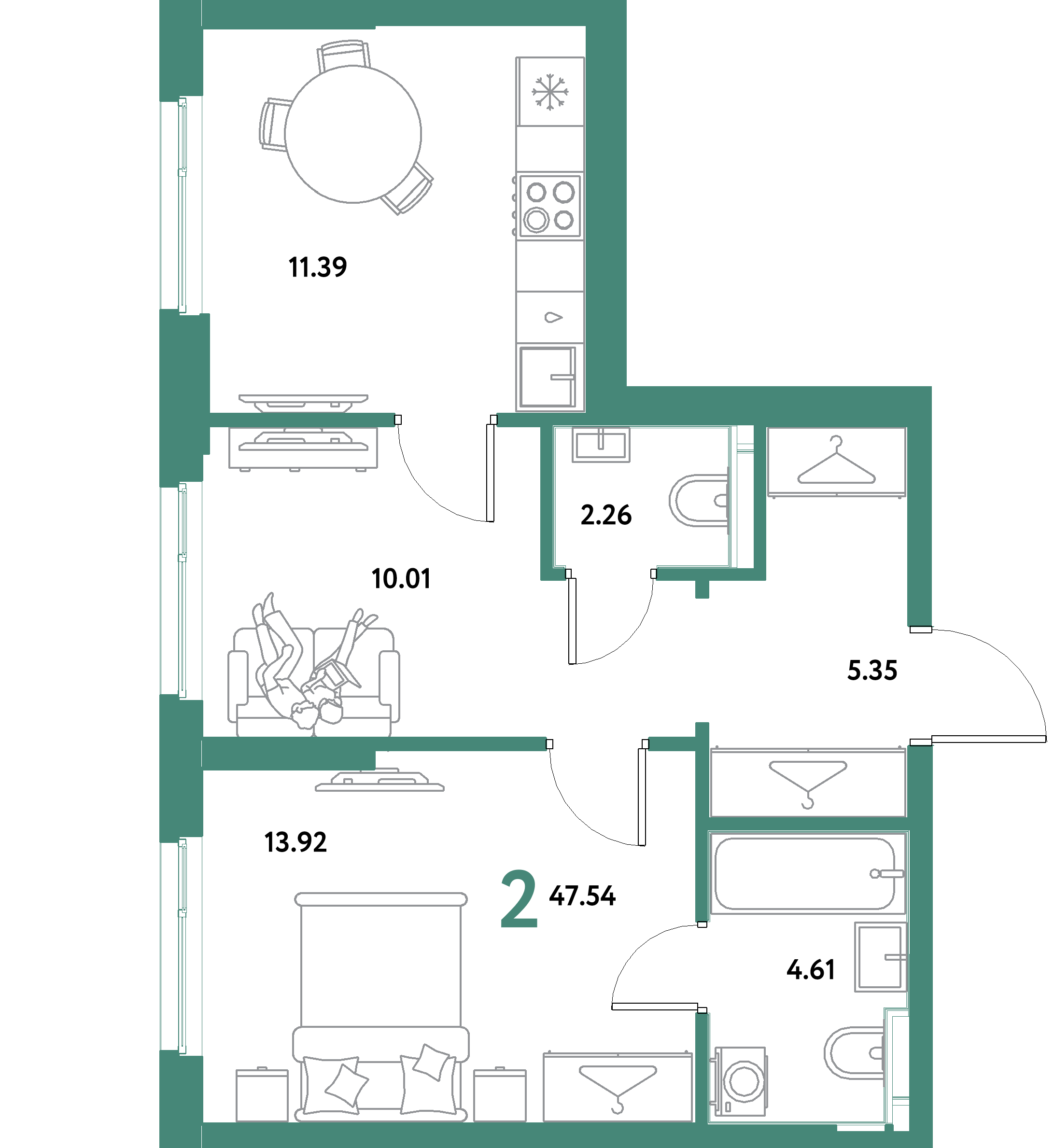 ЖК "Остров-сад"-2-комнатная 47.54 м²