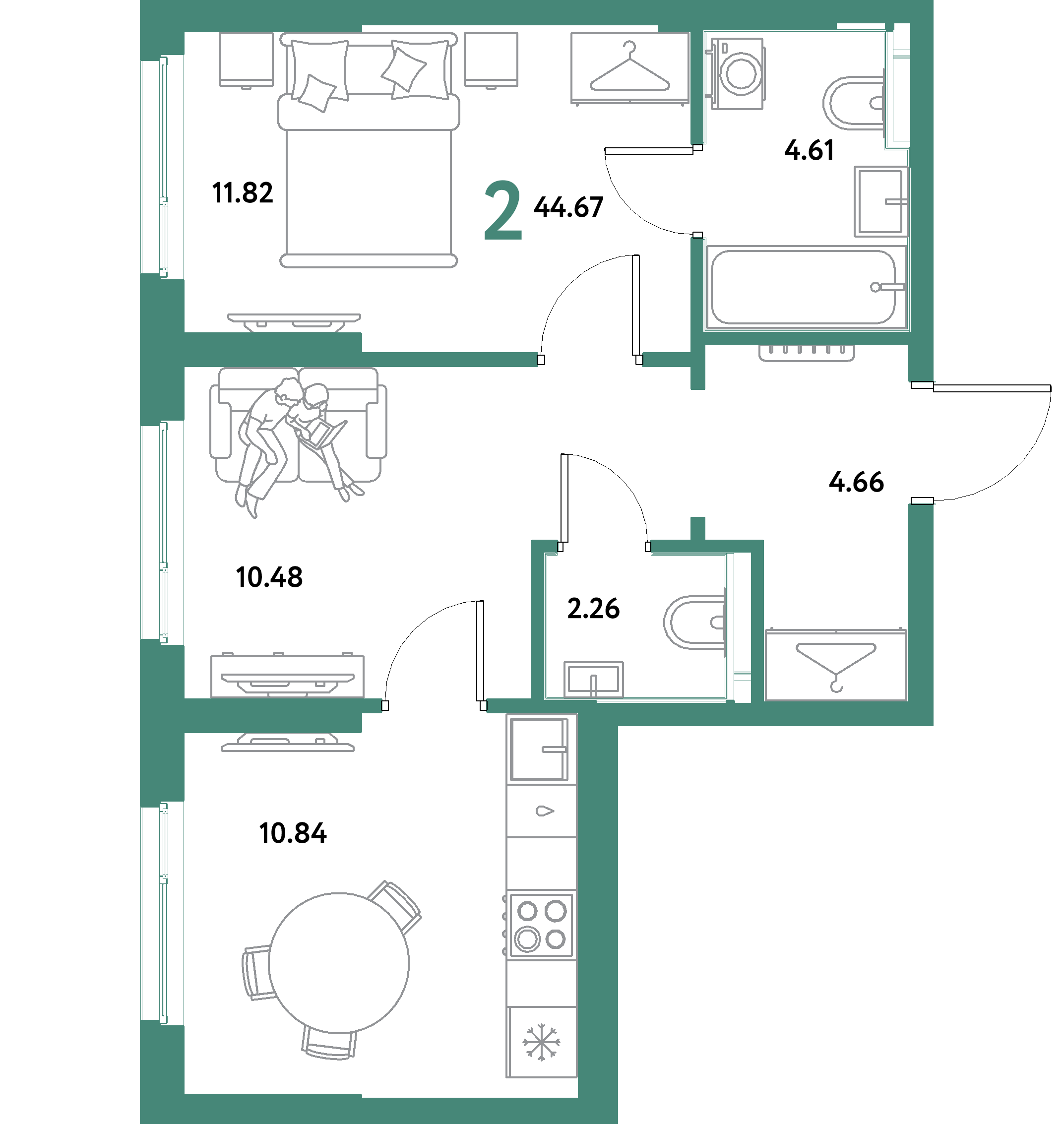 ЖК "Остров-сад"-2-комнатная 44.67 м²