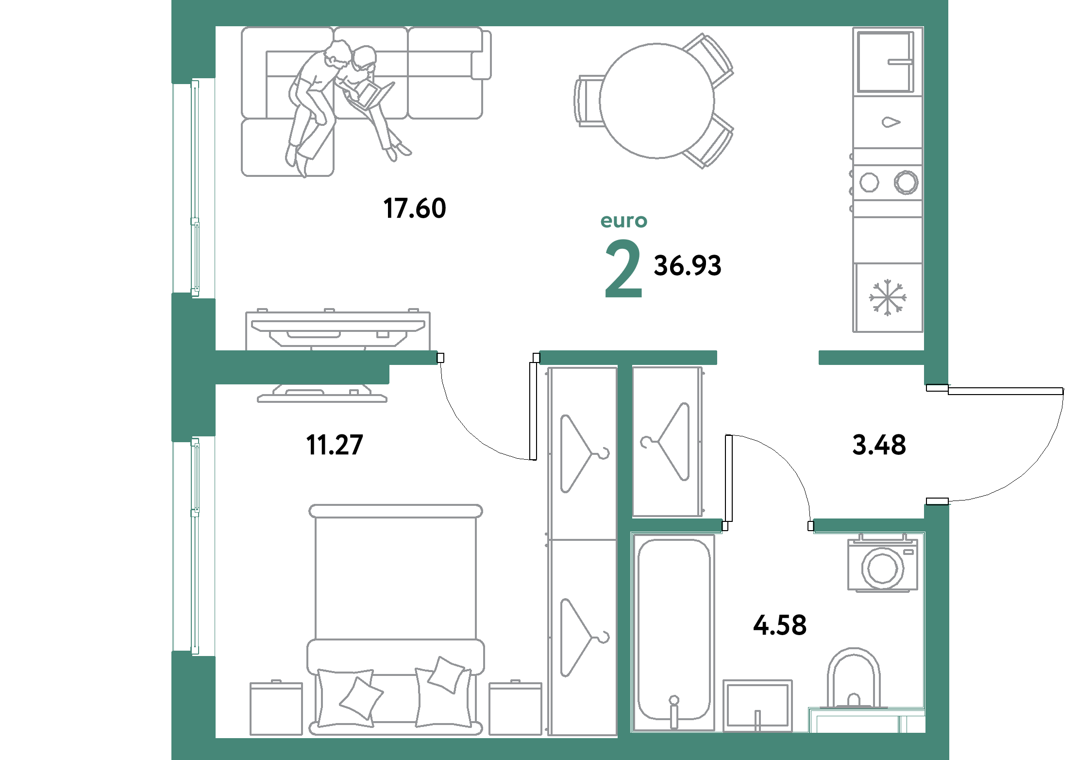ЖК "Остров-сад"-2-комнатная 36.93 м²