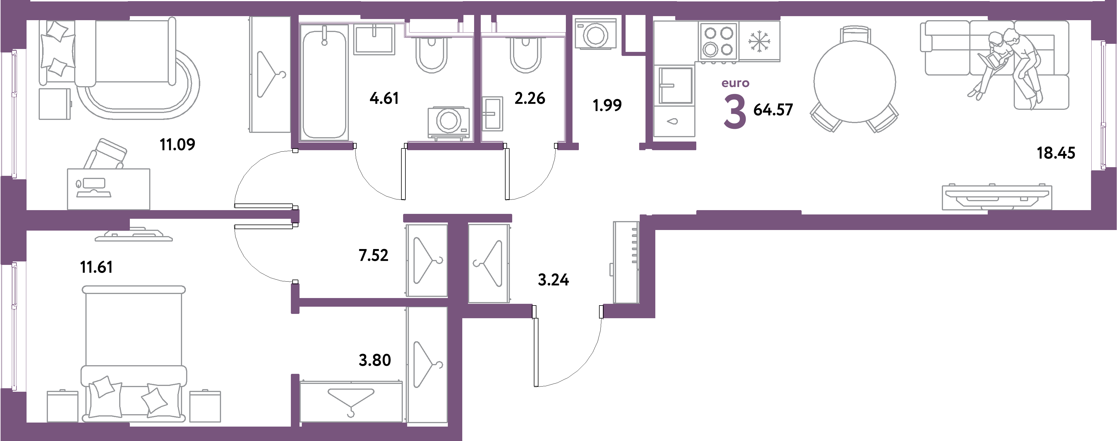 ЖК "Остров-сад"-3-комнатная 64.57 м²