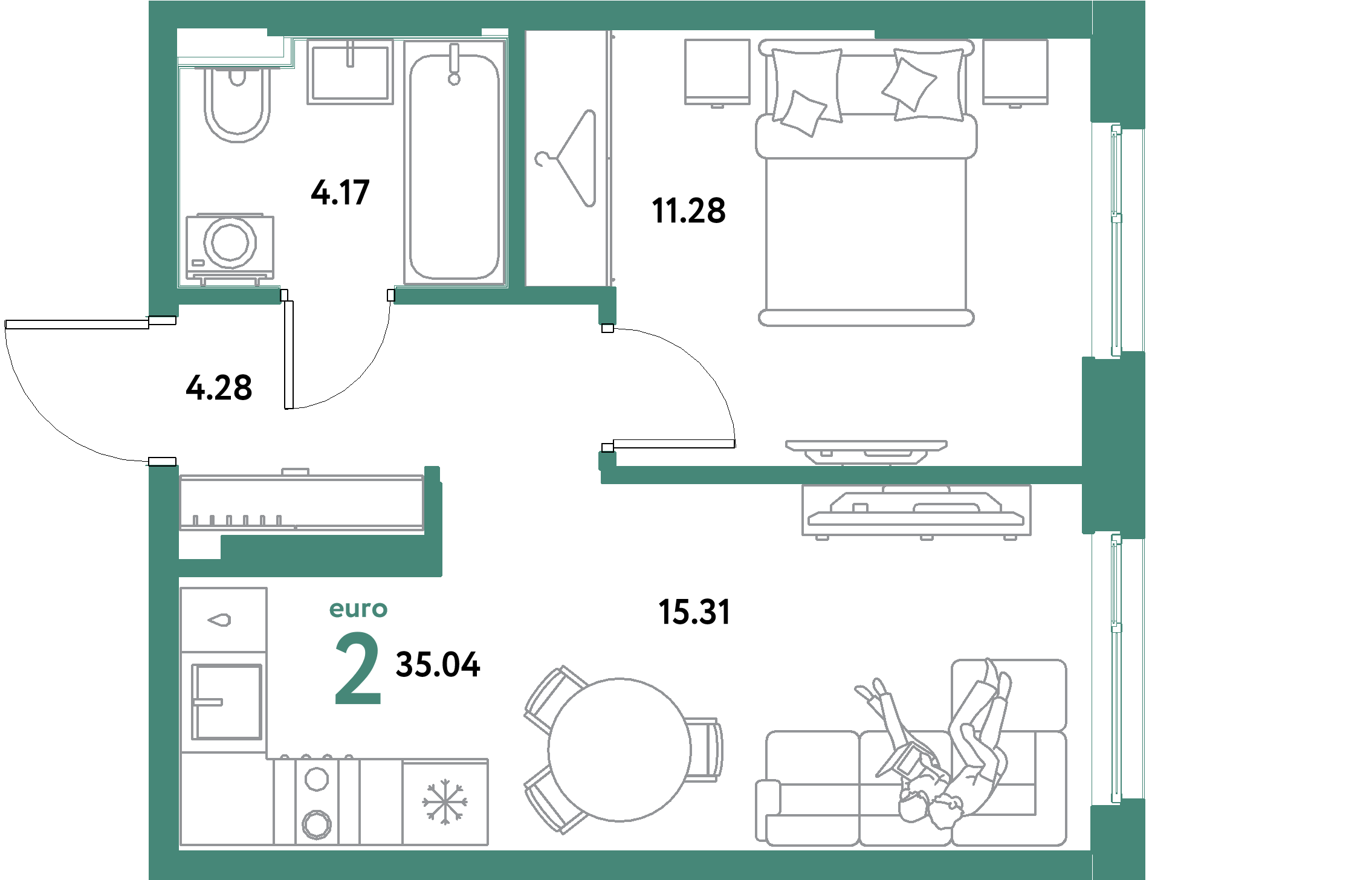 ЖК "Остров-сад"-2-комнатная 35.04 м²