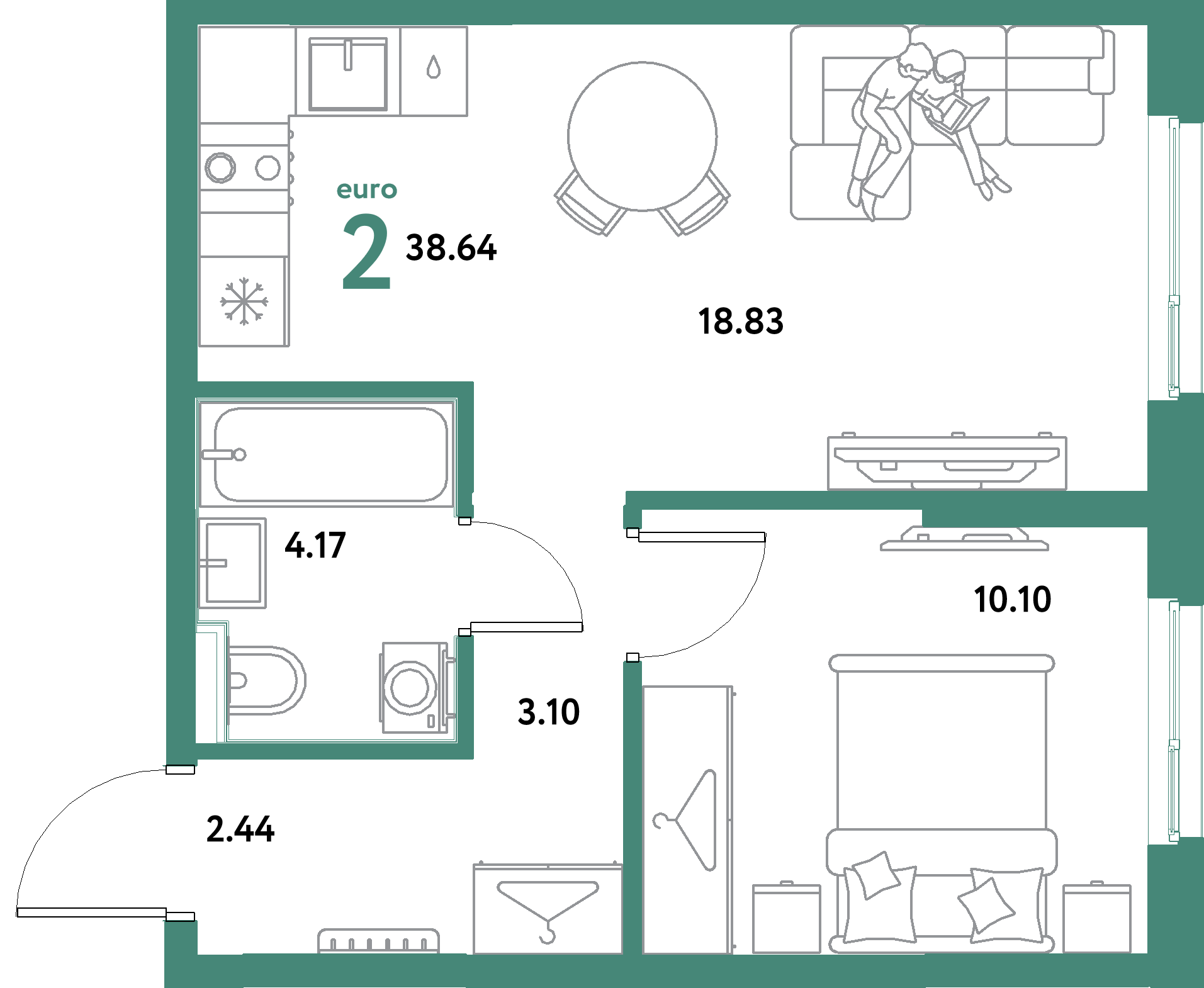 ЖК "Остров-сад"-2-комнатная 38.64 м²