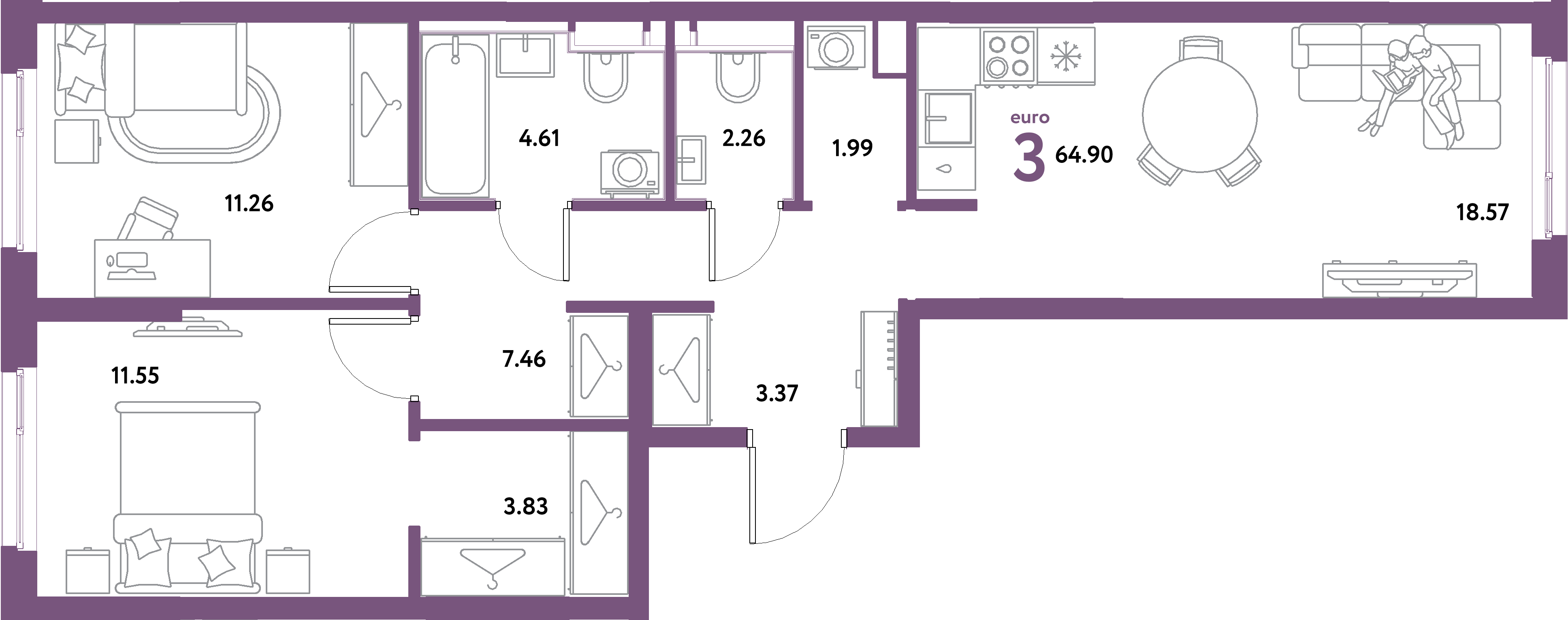 ЖК "Остров-сад"-3-комнатная 64.9 м²