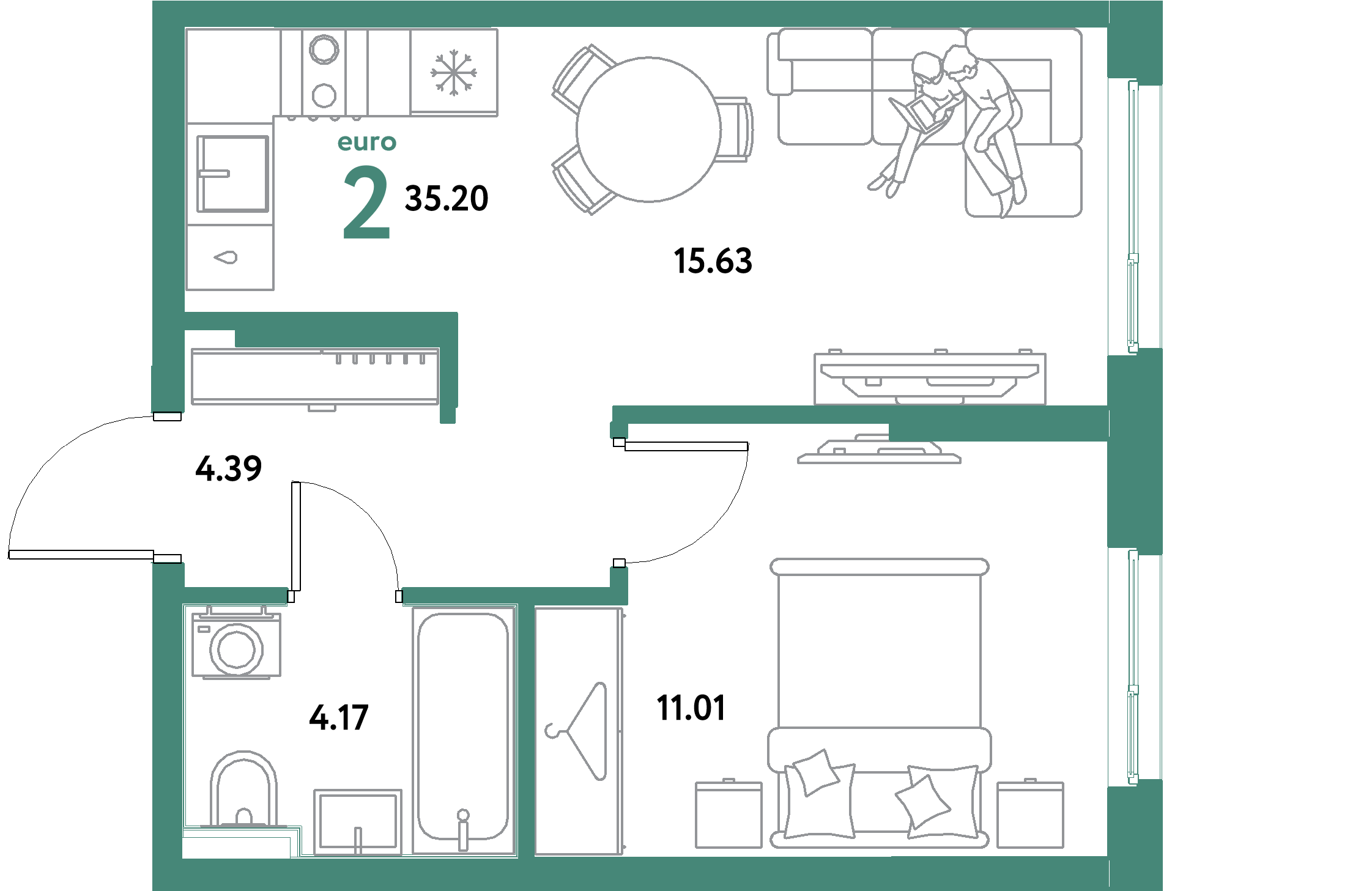 ЖК "Остров-сад"-2-комнатная 35.2 м²