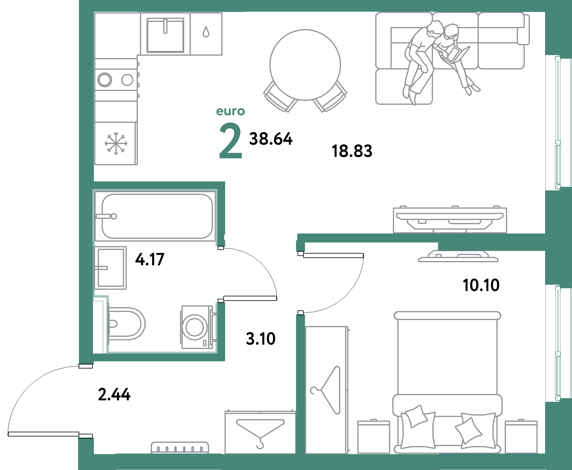 ЖК "Остров-сад"-2-комнатная 38.64 м²