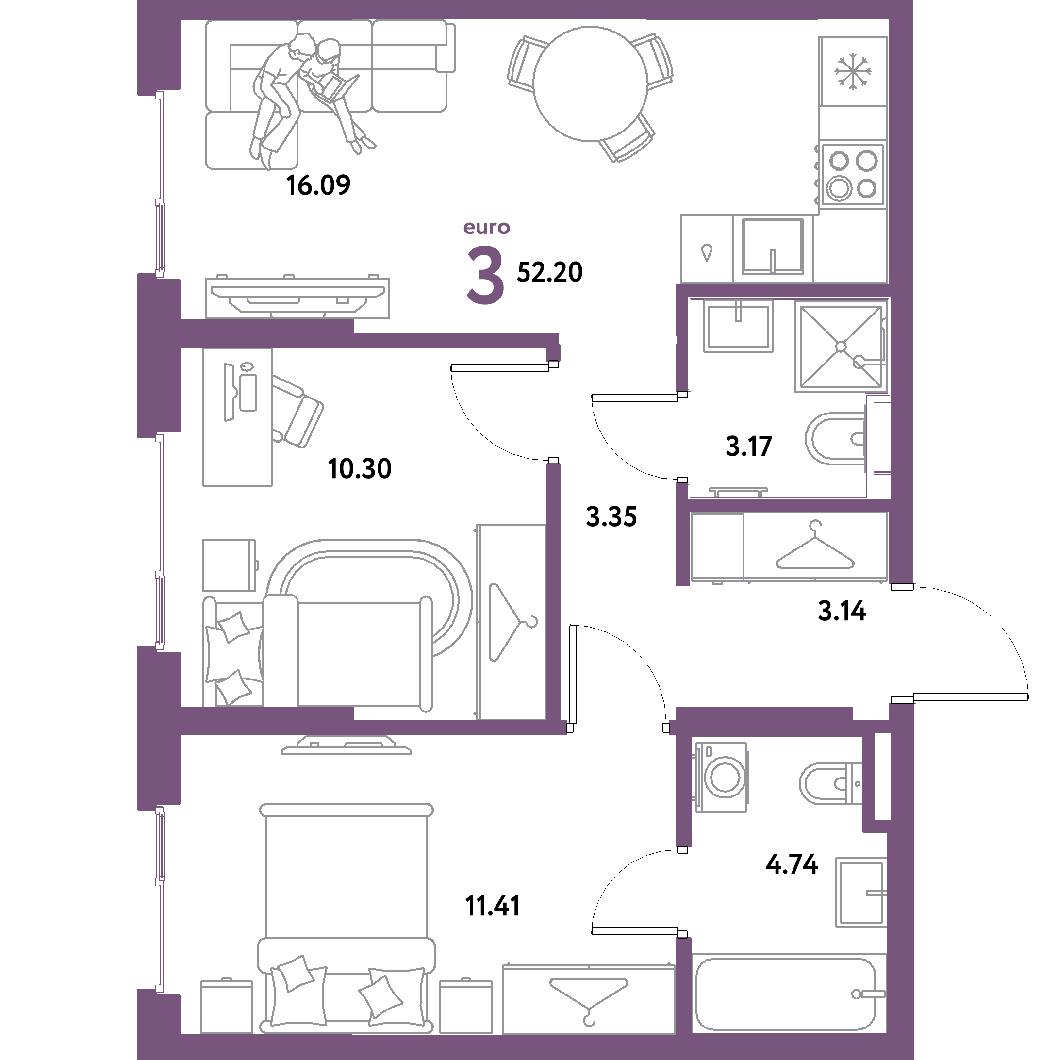 ЖК "Остров-сад"-3-комнатная 52.2 м²