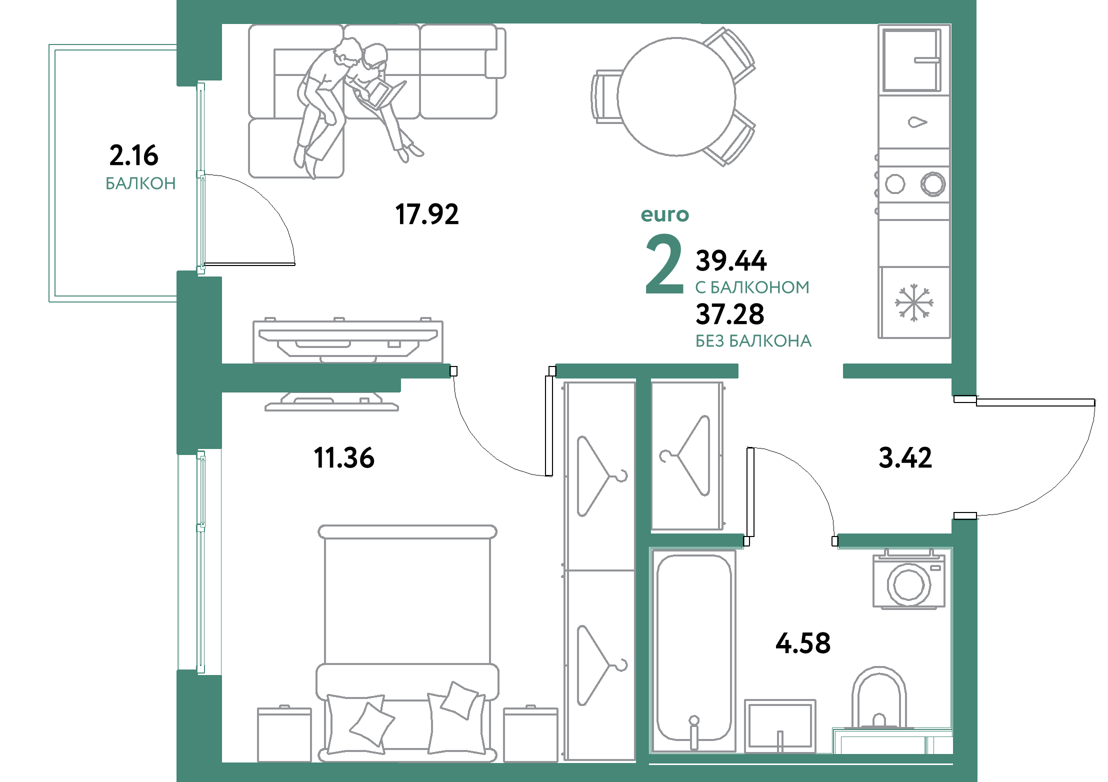 ЖК "Остров-сад"-2-комнатная 39.44 м²