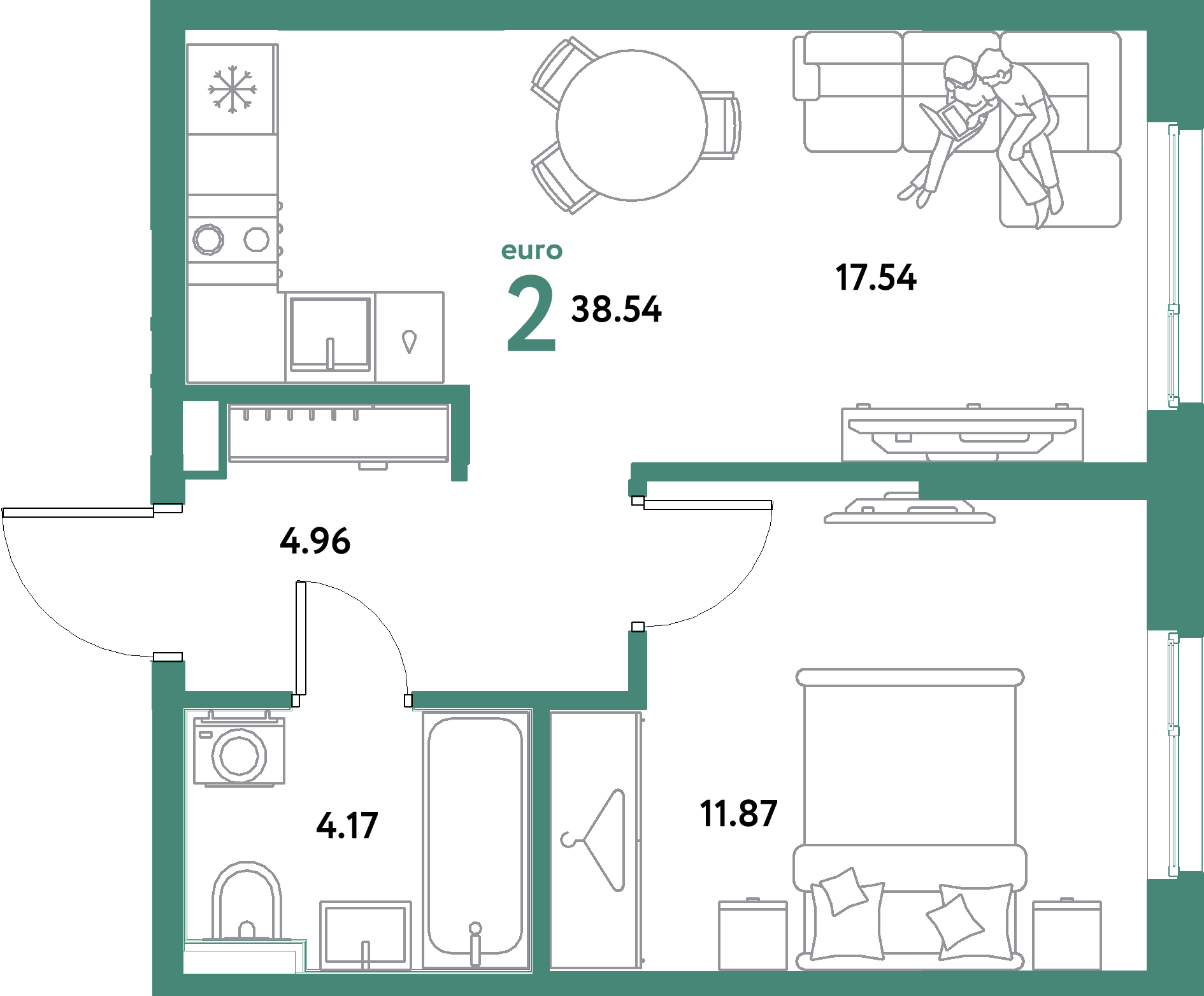 ЖК "Остров-сад"-2-комнатная 38.54 м²