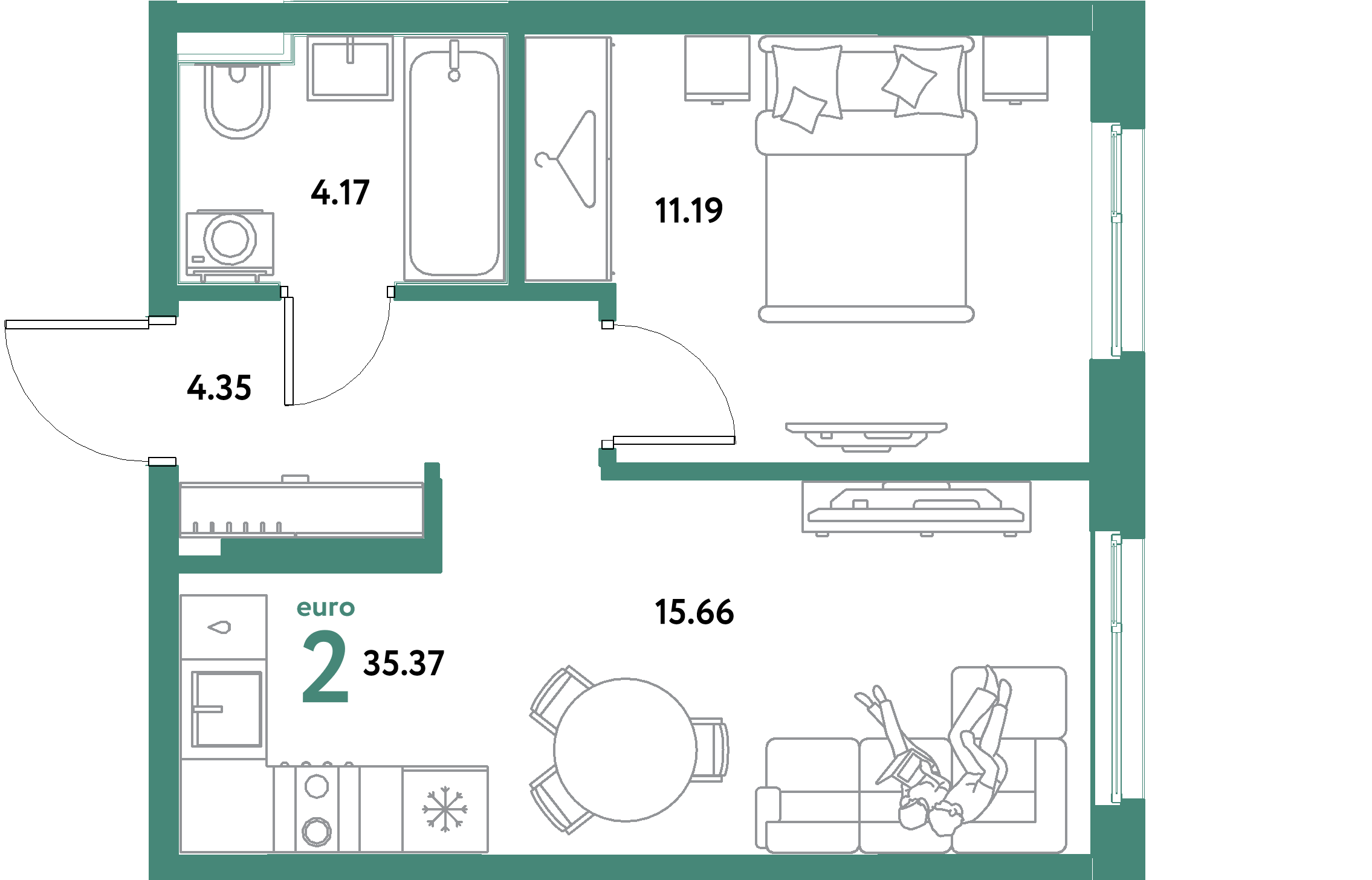 ЖК "Остров-сад"-2-комнатная 35.37 м²