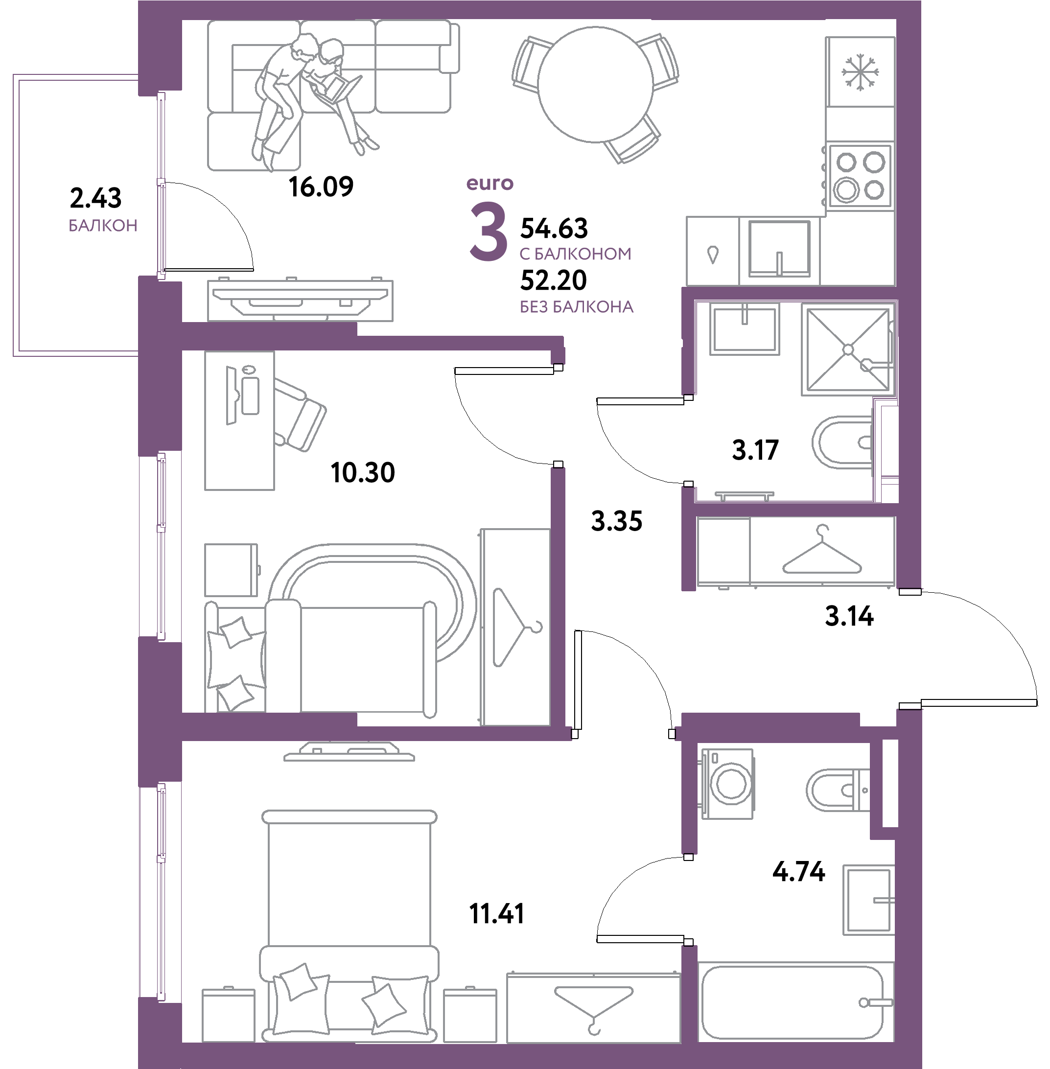 ЖК "Остров-сад"-3-комнатная 54.63 м²