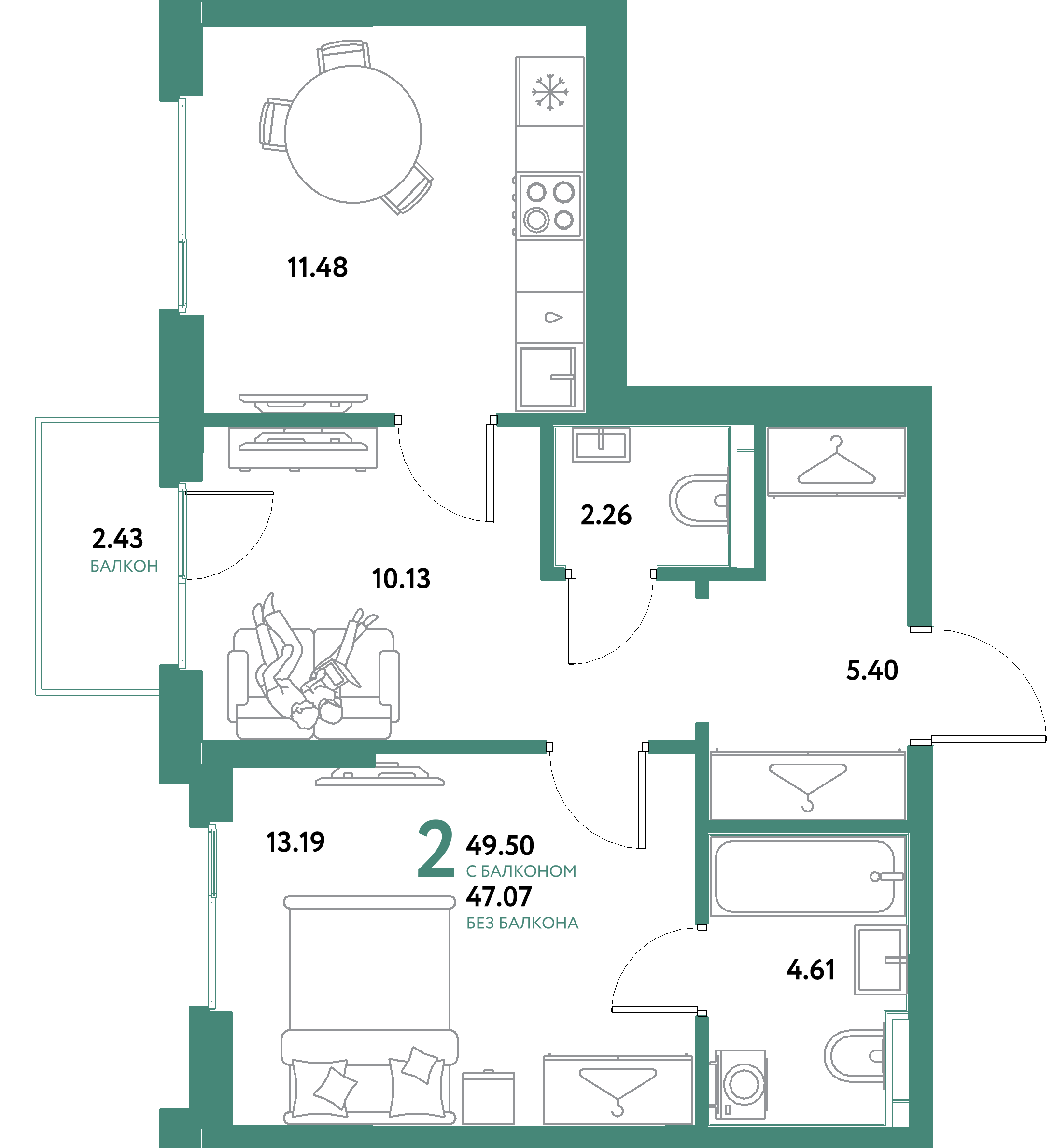 ЖК "Остров-сад"-2-комнатная 49.5 м²