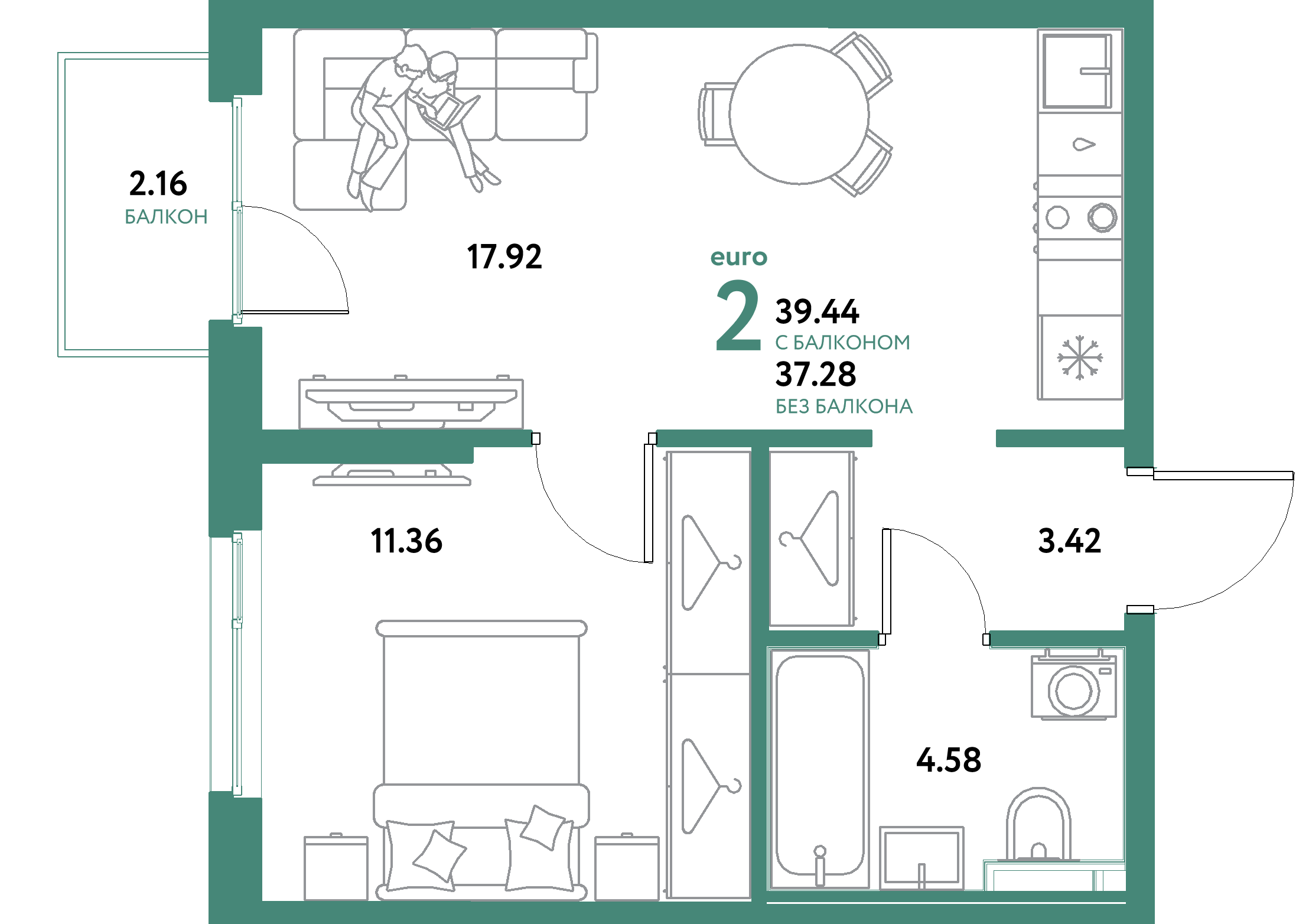 ЖК "Остров-сад"-2-комнатная 39.44 м²