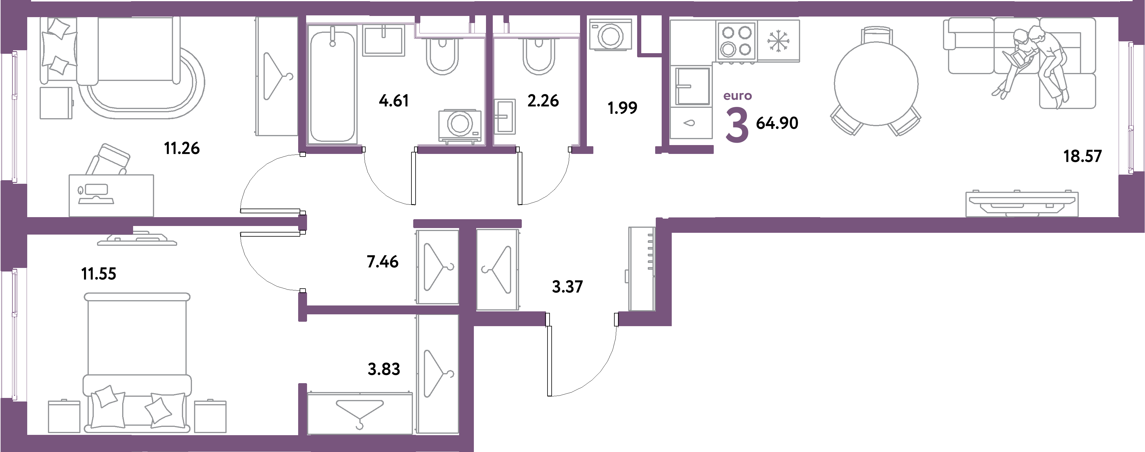 ЖК "Остров-сад"-3-комнатная 64.9 м²