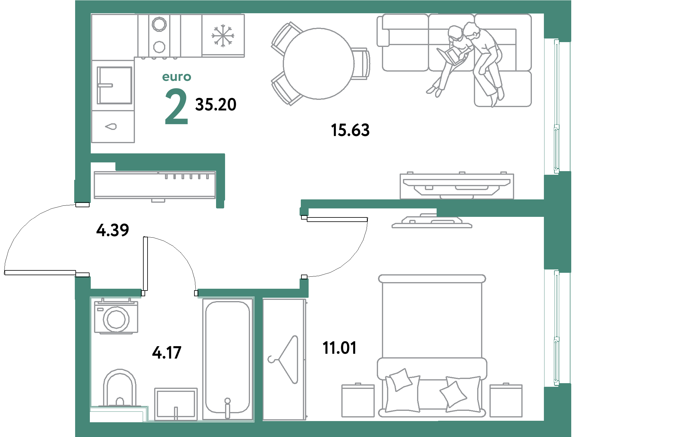 ЖК "Остров-сад"-2-комнатная 35.2 м²