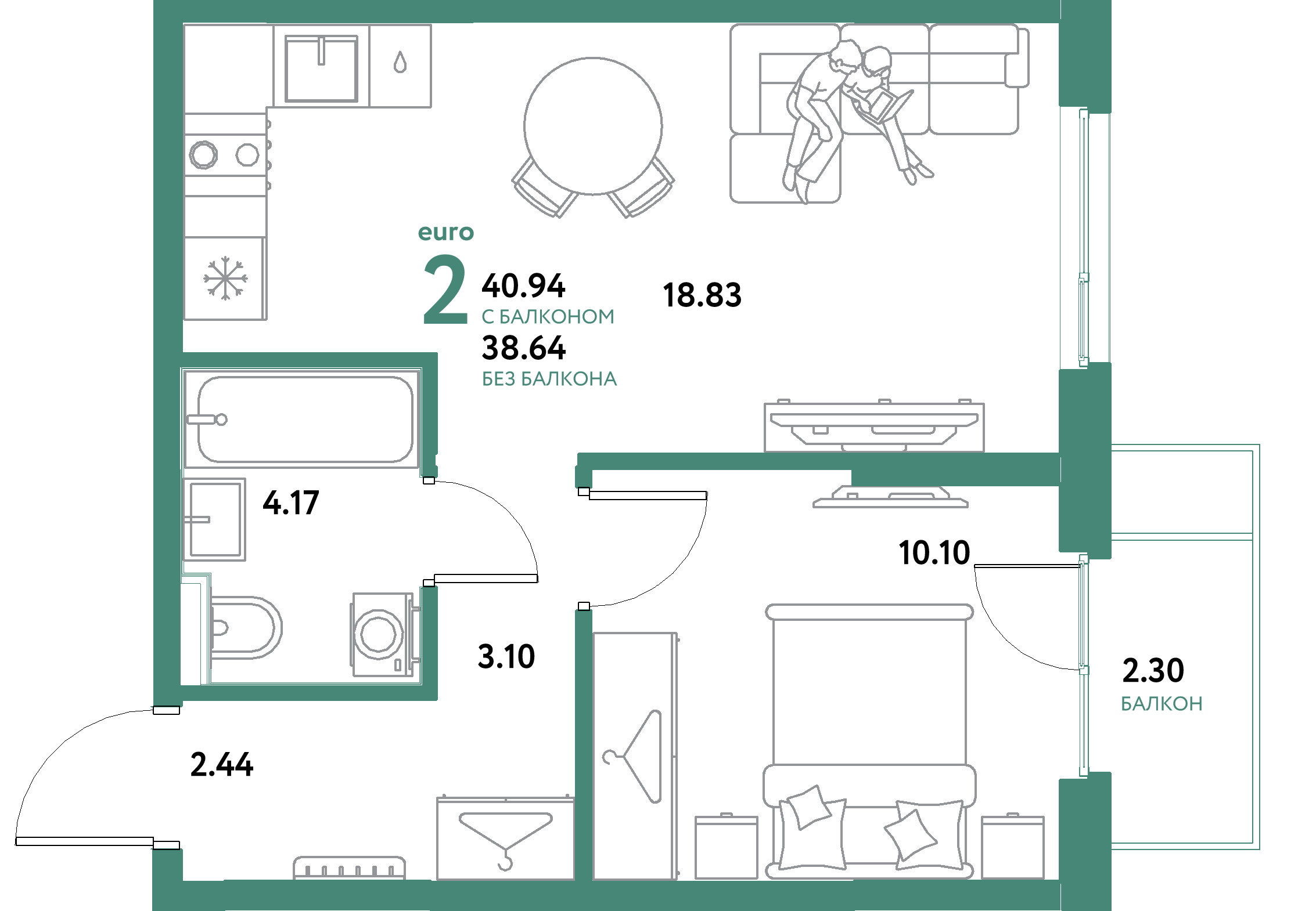 ЖК "Остров-сад"-2-комнатная 40.94 м²